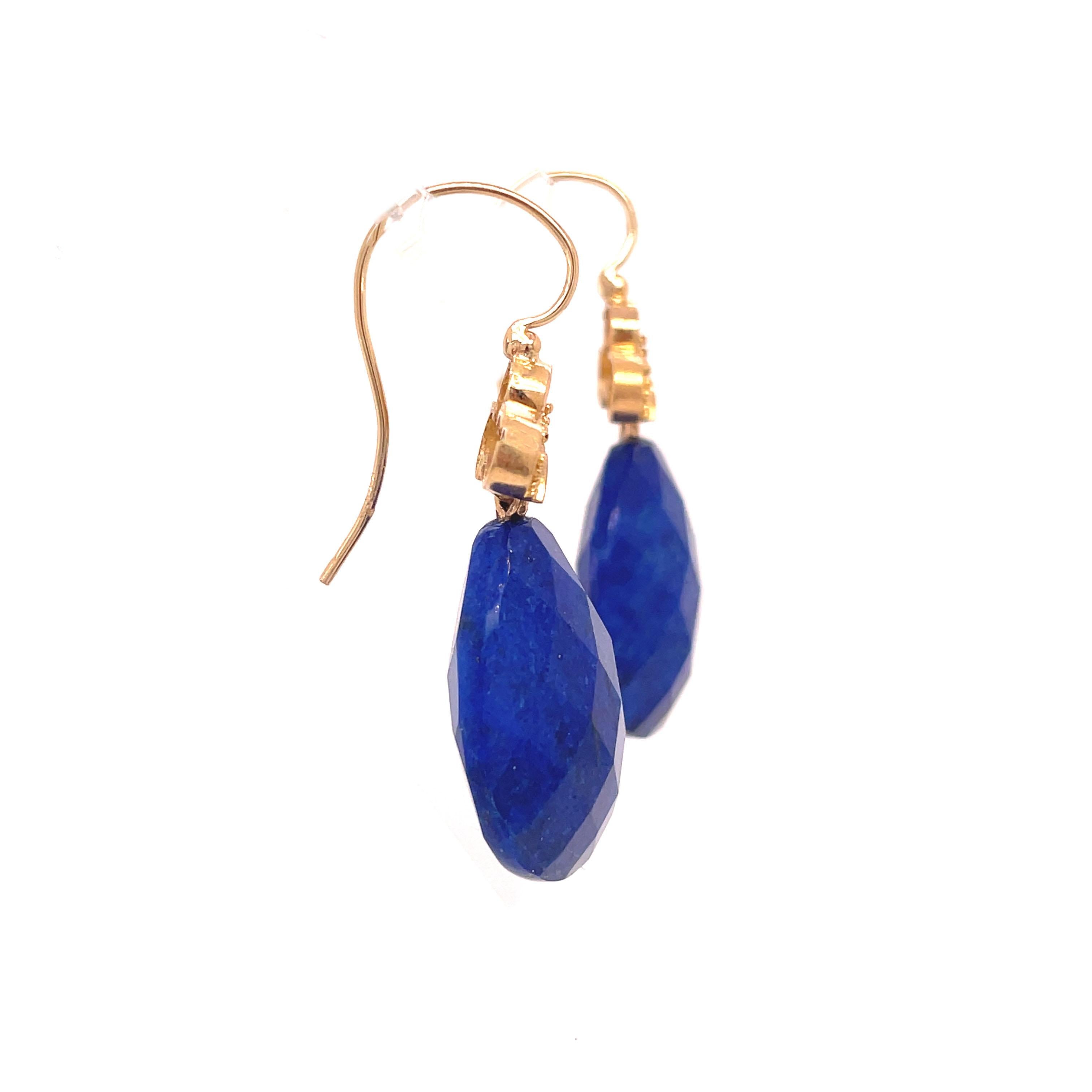 Briolette Cut 1880, Etruscan Lapis Lazuli 18k Yellow Gold Drop Earrings For Sale
