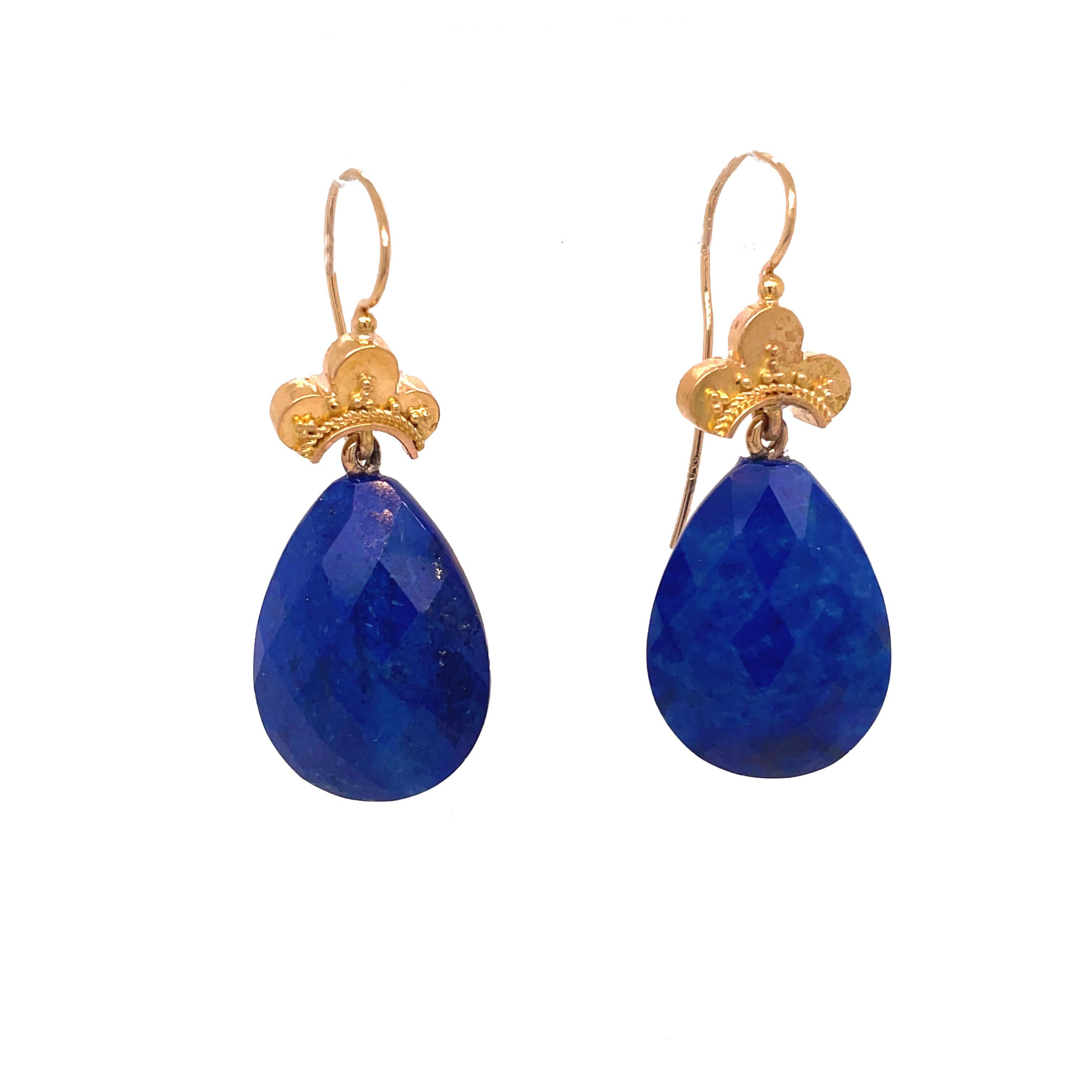 Women's 1880, Etruscan Lapis Lazuli 18k Yellow Gold Drop Earrings For Sale