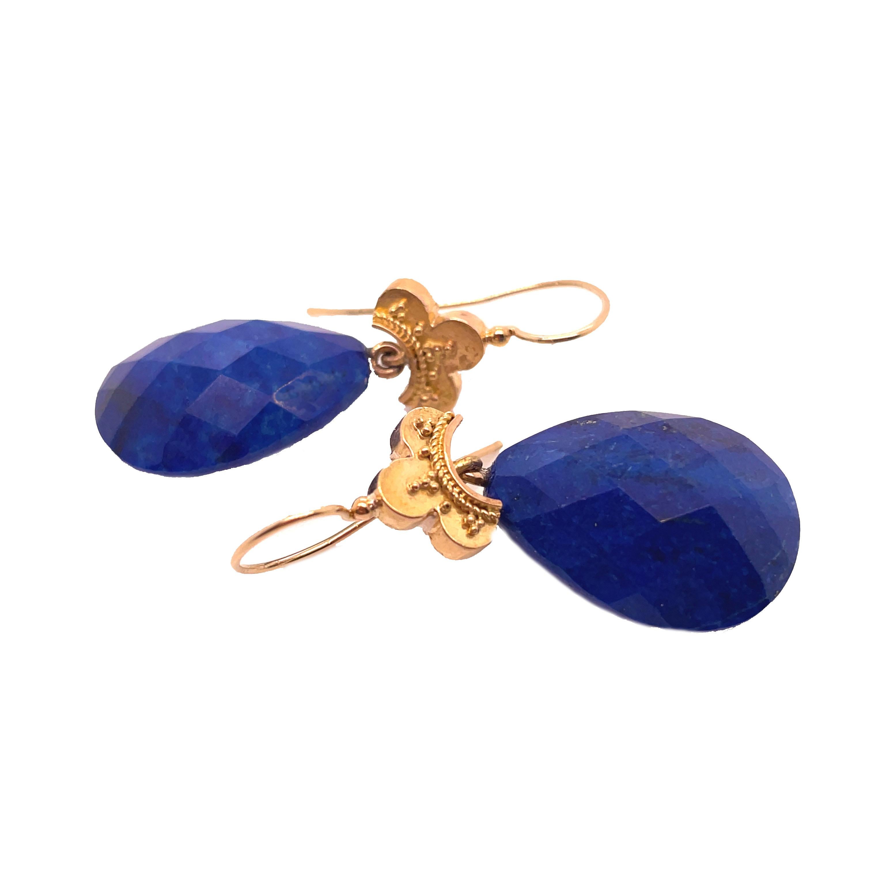 1880, Etruscan Lapis Lazuli 18k Yellow Gold Drop Earrings For Sale 1