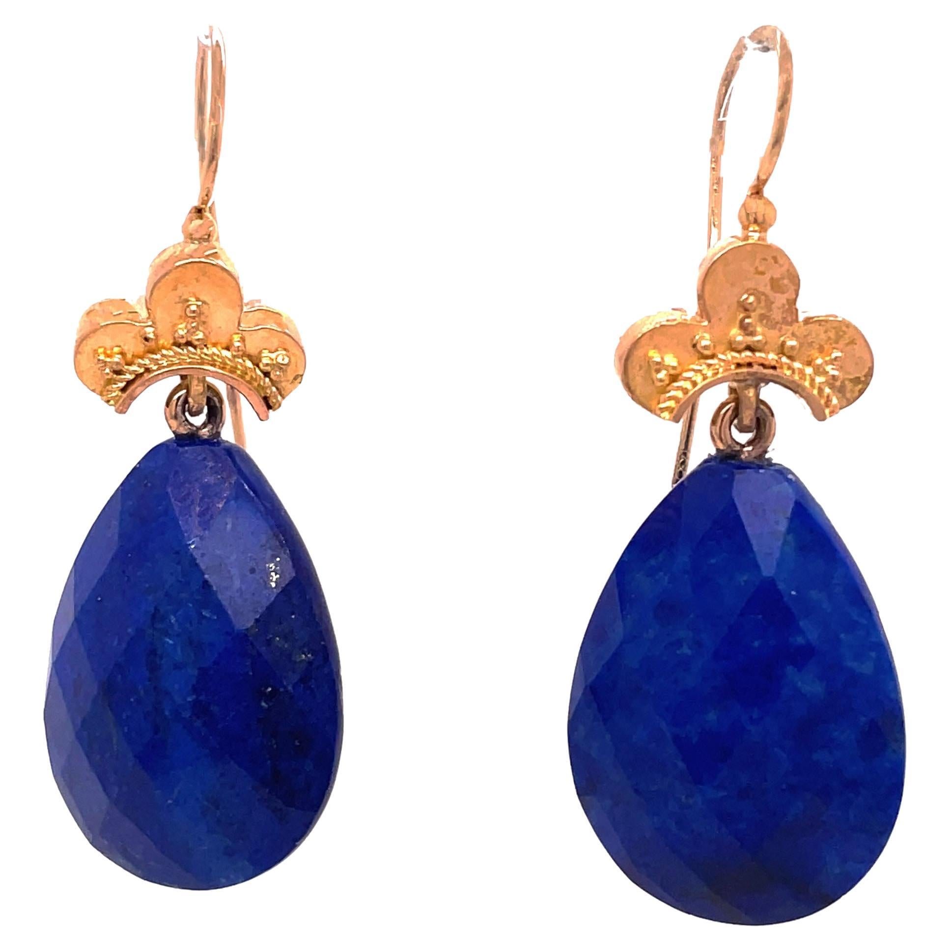 1880, Etruscan Lapis Lazuli 18k Yellow Gold Drop Earrings