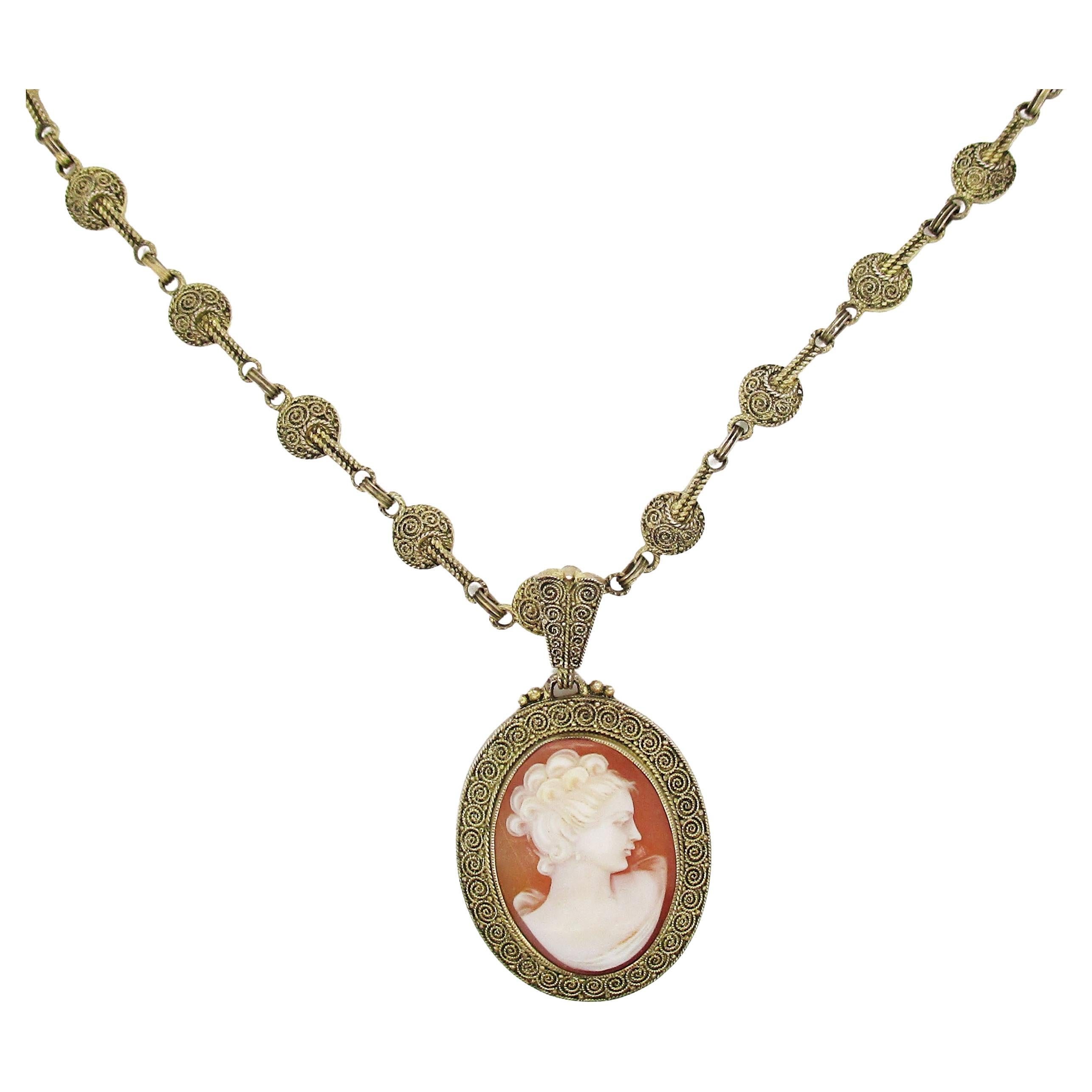 1880 Etruscan Vermeil Theodor Fahrner Shell Cameo Necklace For Sale