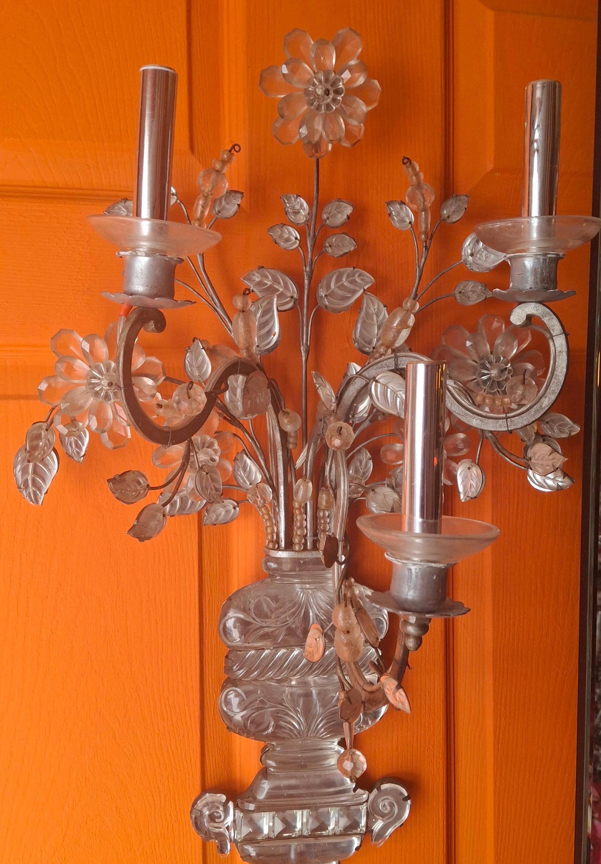 Appliques murales Art Nouveau de 1880 signées Maison Bagues Crystal Floral Bouquet en vente 6