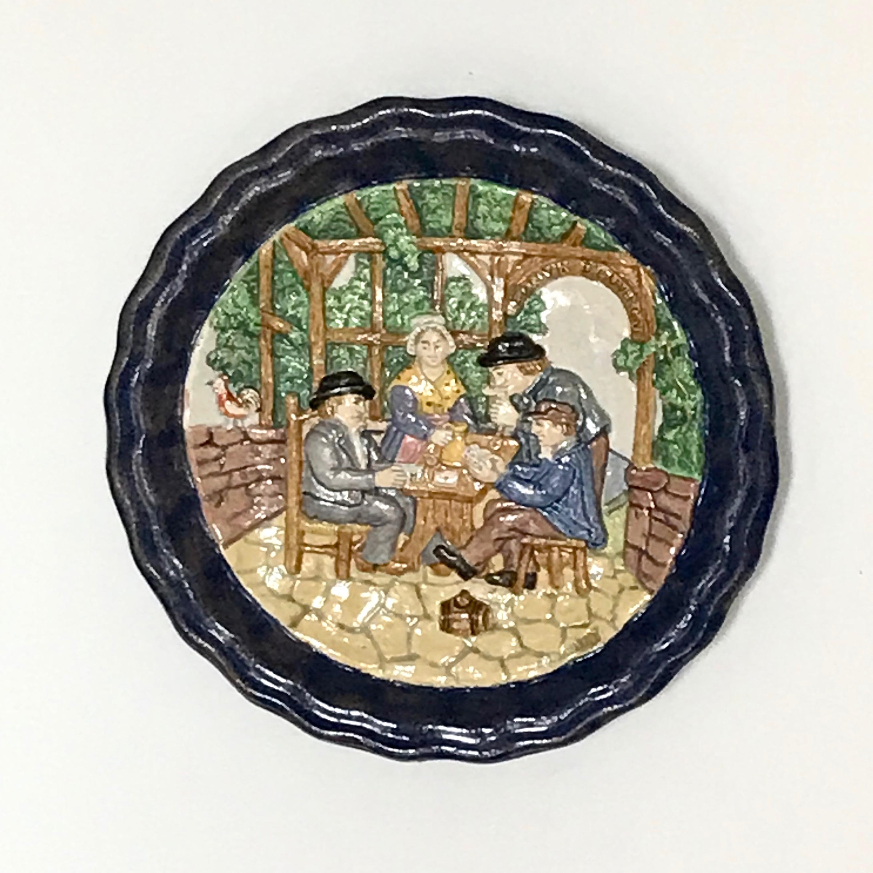 1880 French Country Pair of Navy Blue Edged Folk Art Majolica Decorative Plates For Sale 12