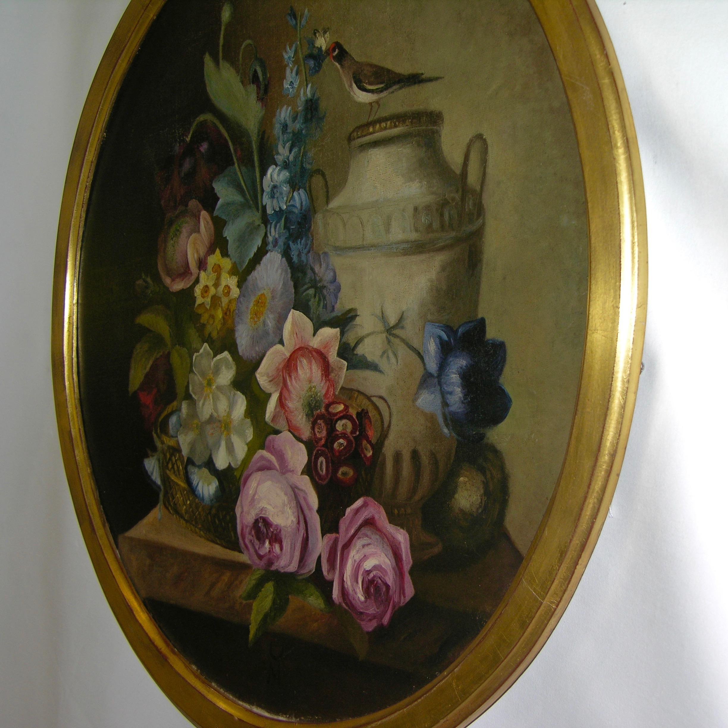 1880 French Provincial Pair of Round Still Life Oil Paintings in Gilt Frames 2