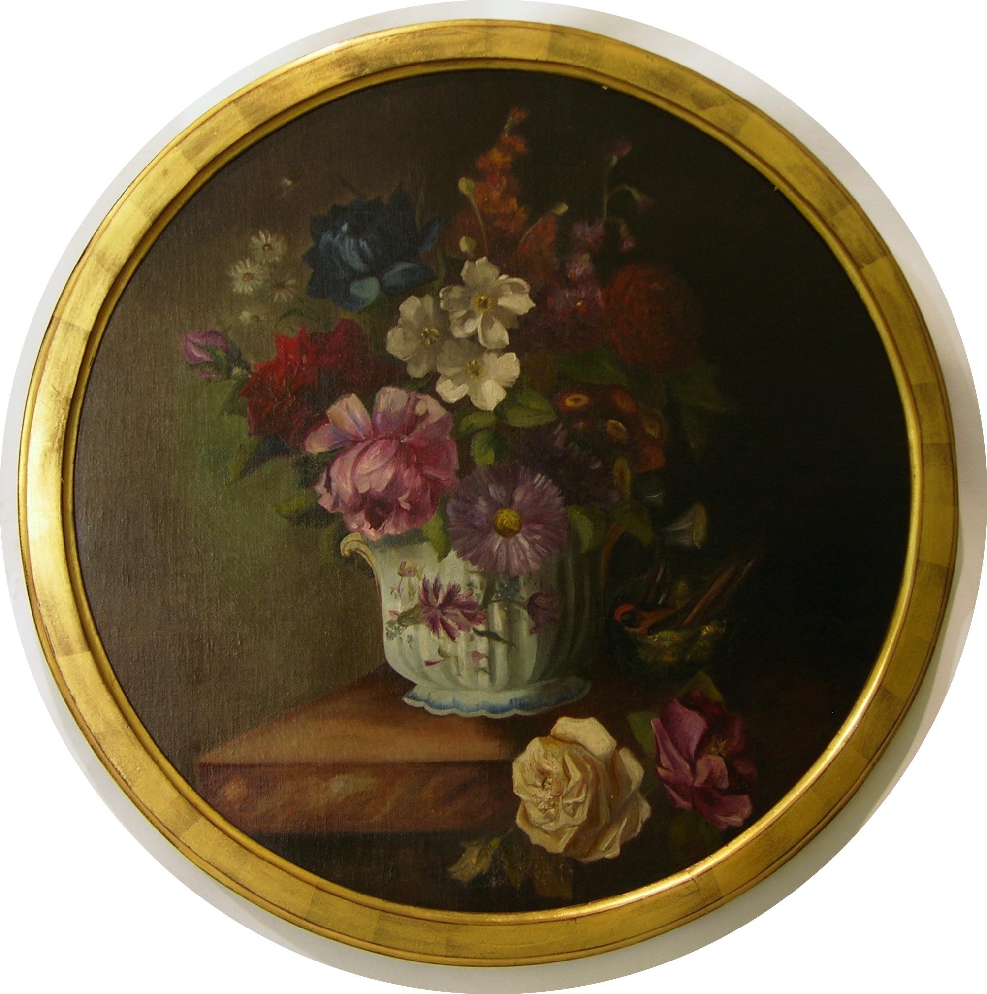 Dated on reverse 1880, these very decorative round paintings, oil on canvas, were executed by the French noble Marie Pauline Mathilde Duplat de Monticourt Comtesse de Chaponay (1855-1888) married in 1878 to Jean Humbert Comte de Chaponay.
Initialed