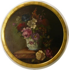 1880 French Provincial Pair of Round Still Life Oil Paintings in Gilt Frames