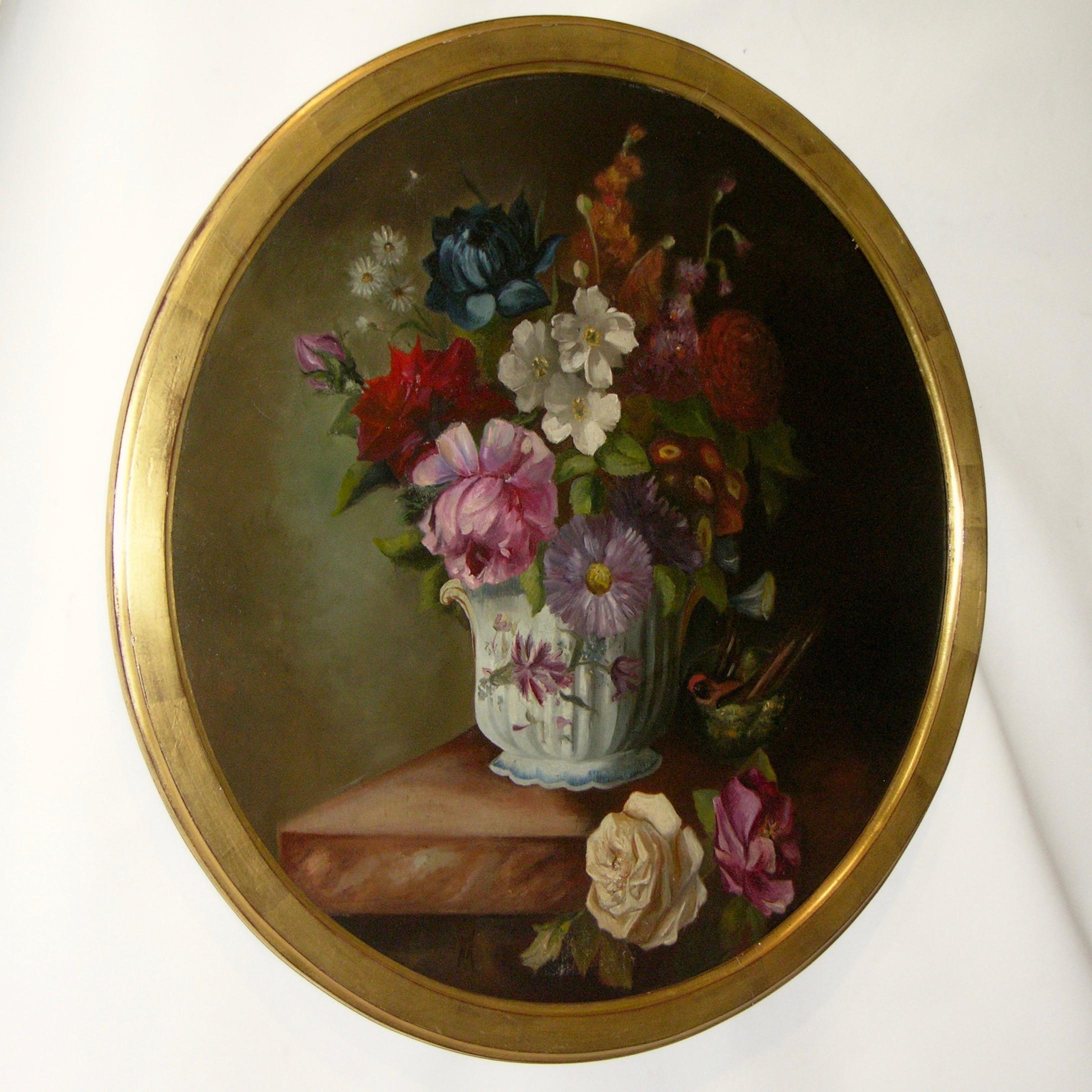 Canvas 1880 French Provincial Pair of Round Still Life Oil Paintings in Gilt Frames