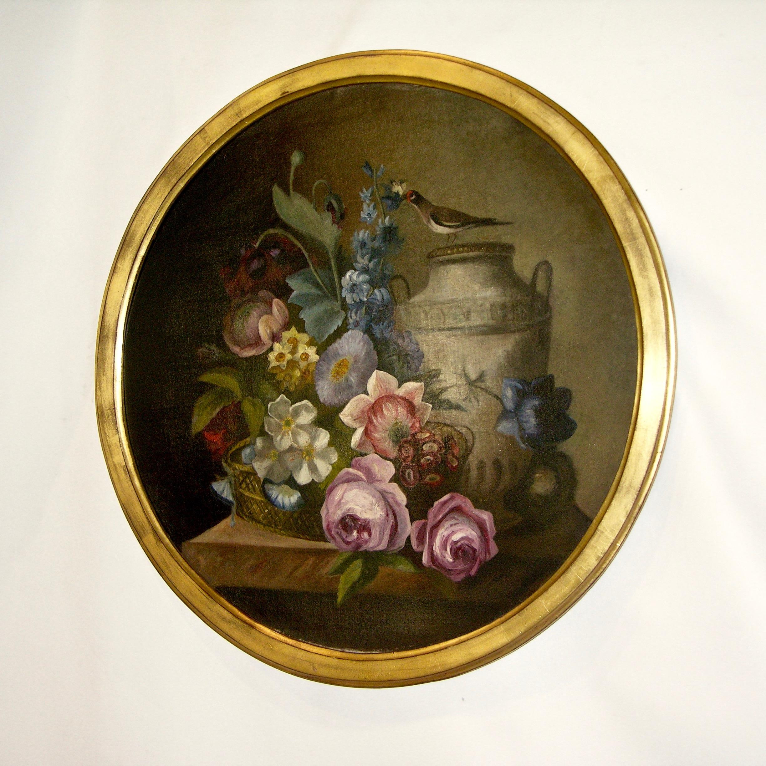 1880 French Provincial Pair of Round Still Life Oil Paintings in Gilt Frames 1