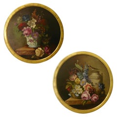 1880 French Provincial Pair of Round Still Life Oil Paintings in Gilt Frames