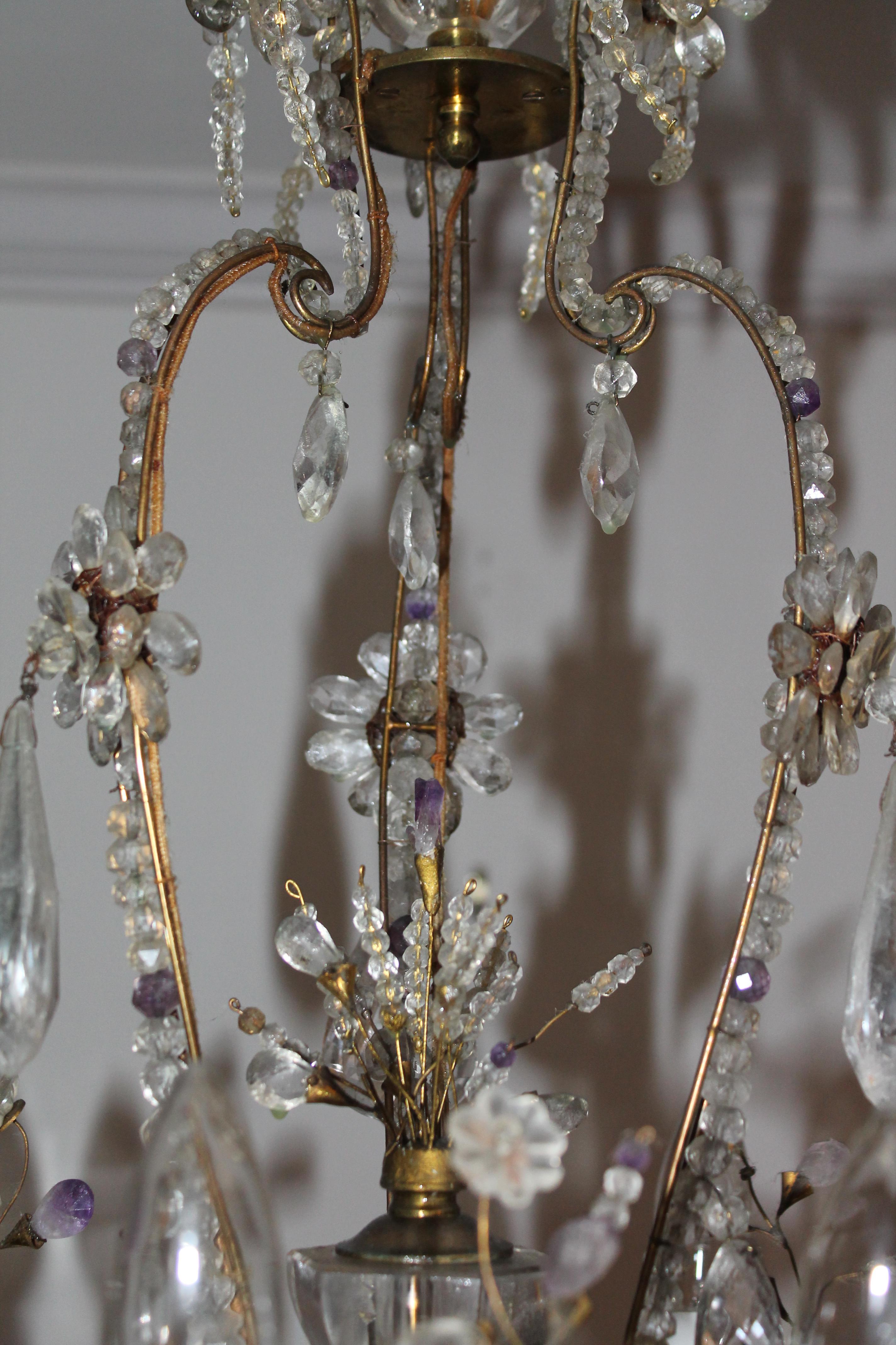 1880 French Regency Maison Bagues Amethyst/ Clear Floral Chandelier Rock Crystal For Sale 4