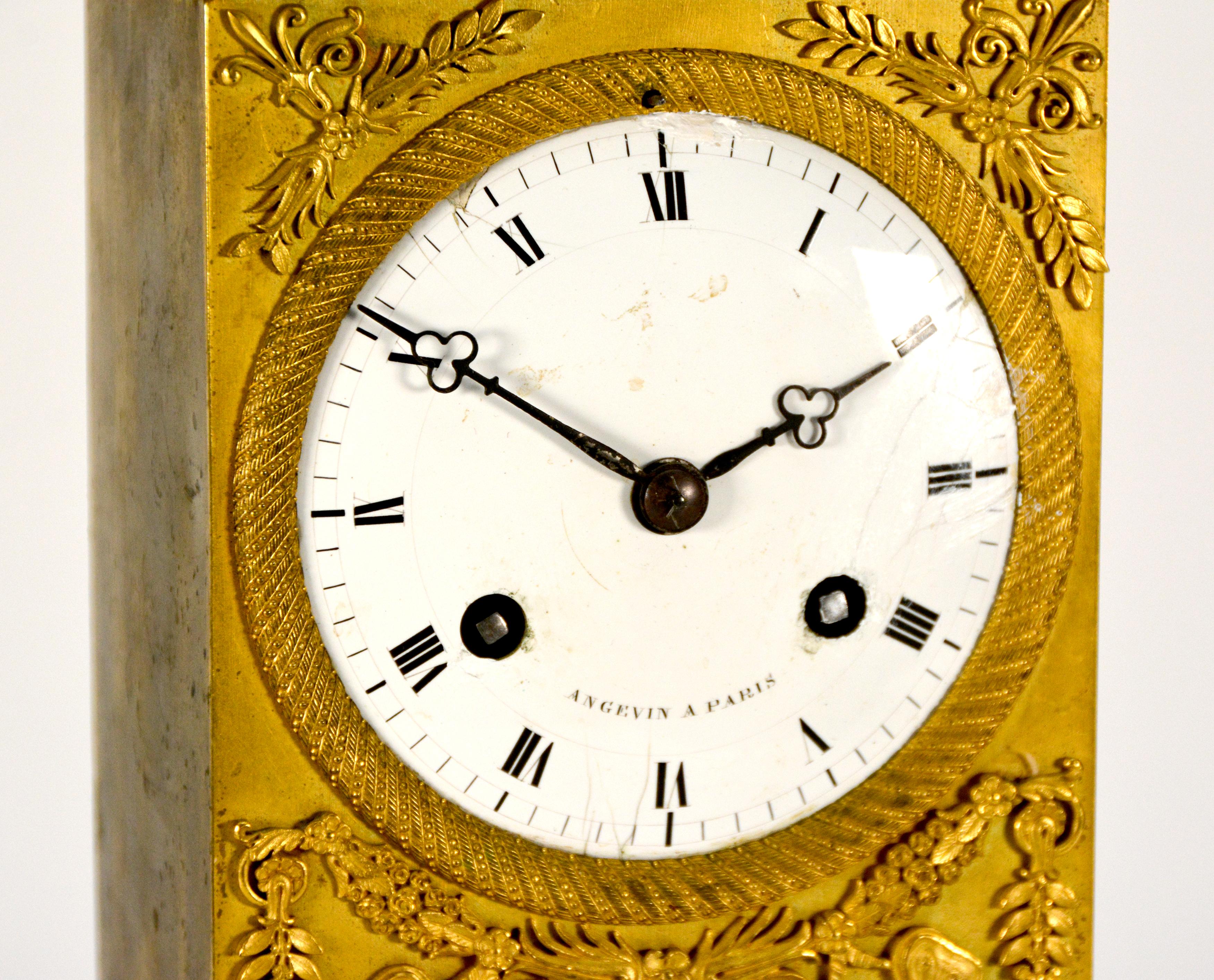 1880 French Silk Suspension Ormolu Empire Bronze Mantel Clock by Angevin A Paris For Sale 6