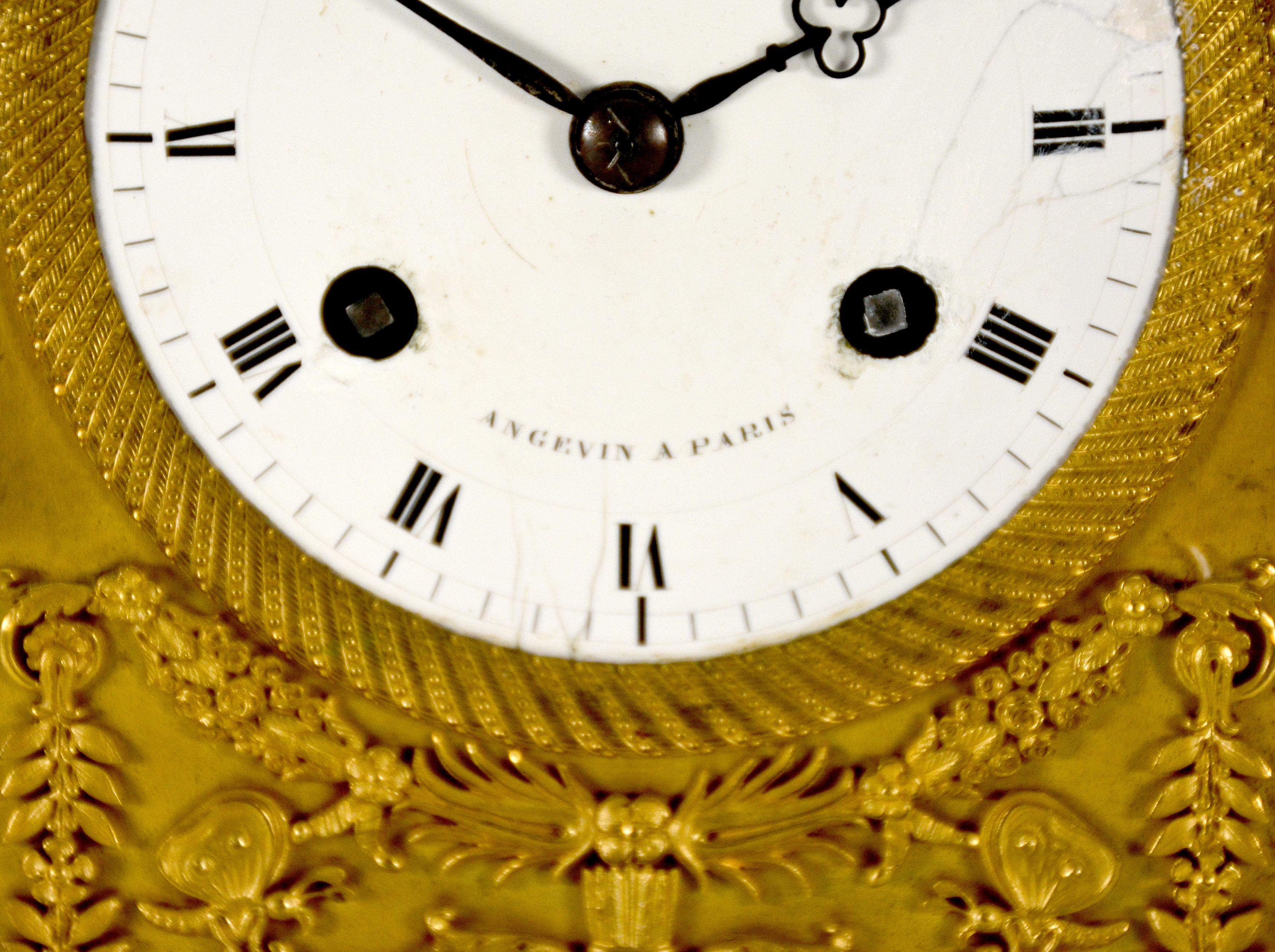 1880 French Silk Suspension Ormolu Empire Bronze Mantel Clock by Angevin A Paris For Sale 7