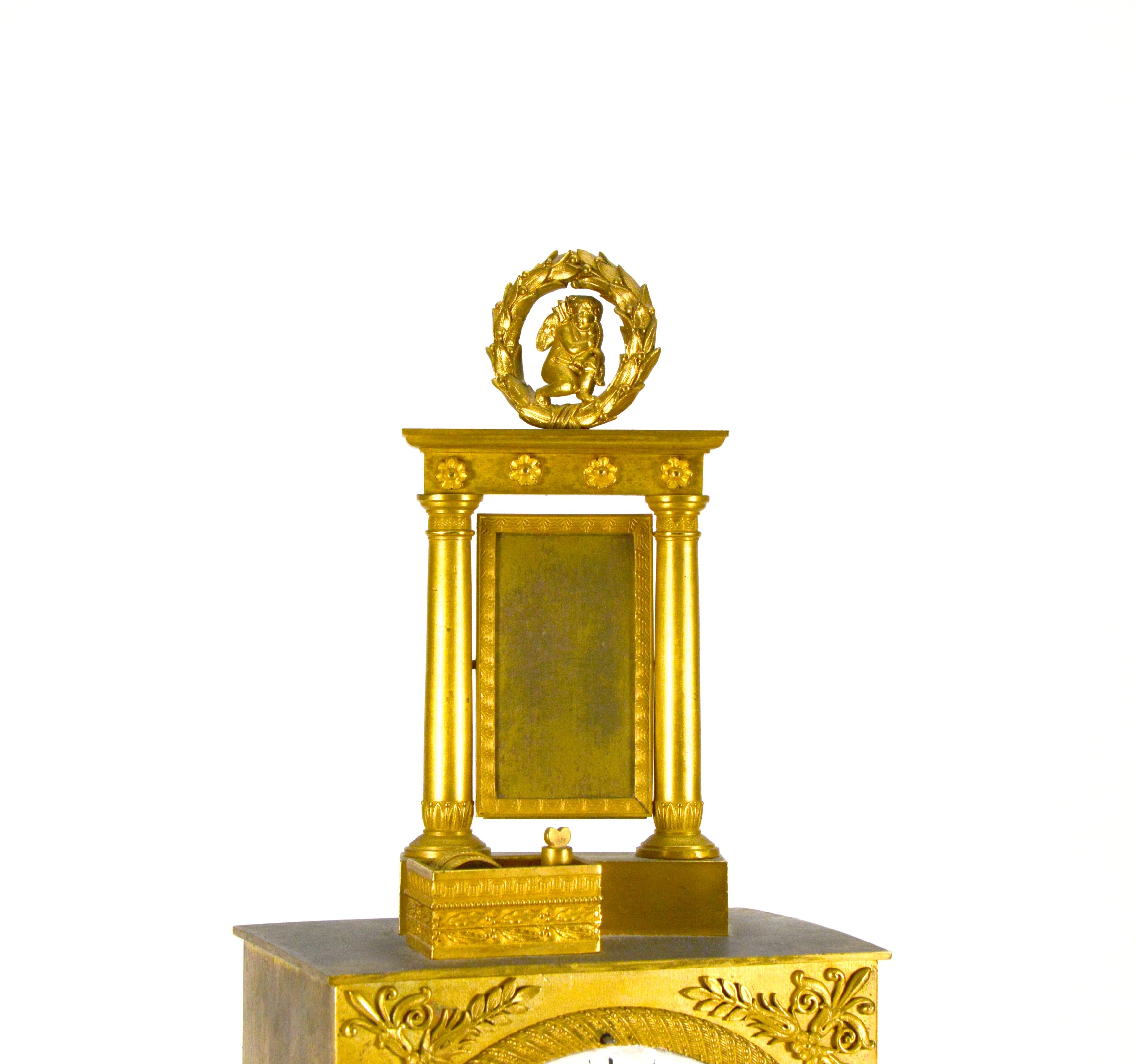 19th Century 1880 French Silk Suspension Ormolu Empire Bronze Mantel Clock by Angevin A Paris For Sale
