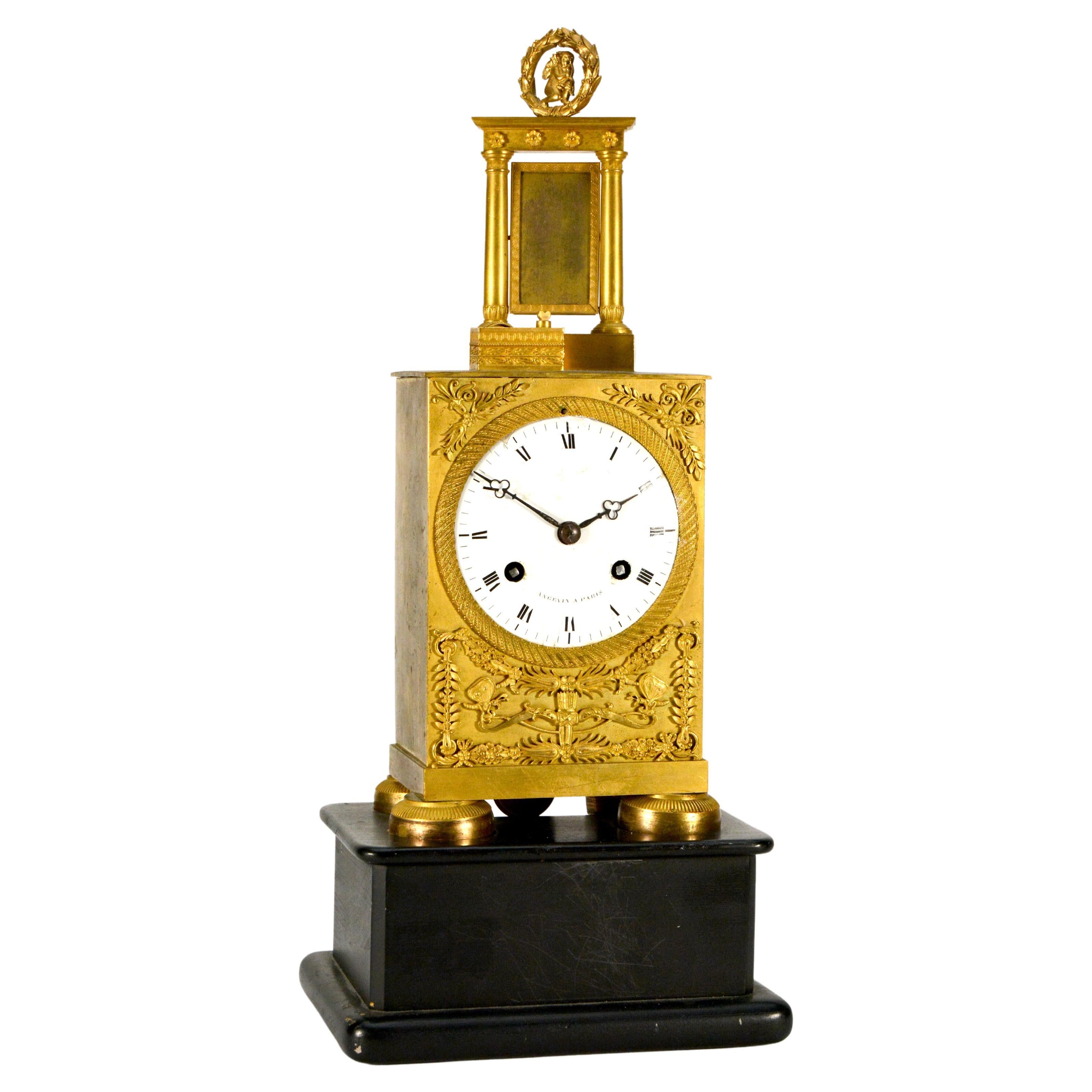 1880 French Silk Suspension Ormolu Empire Bronze Mantel Clock by Angevin A Paris For Sale