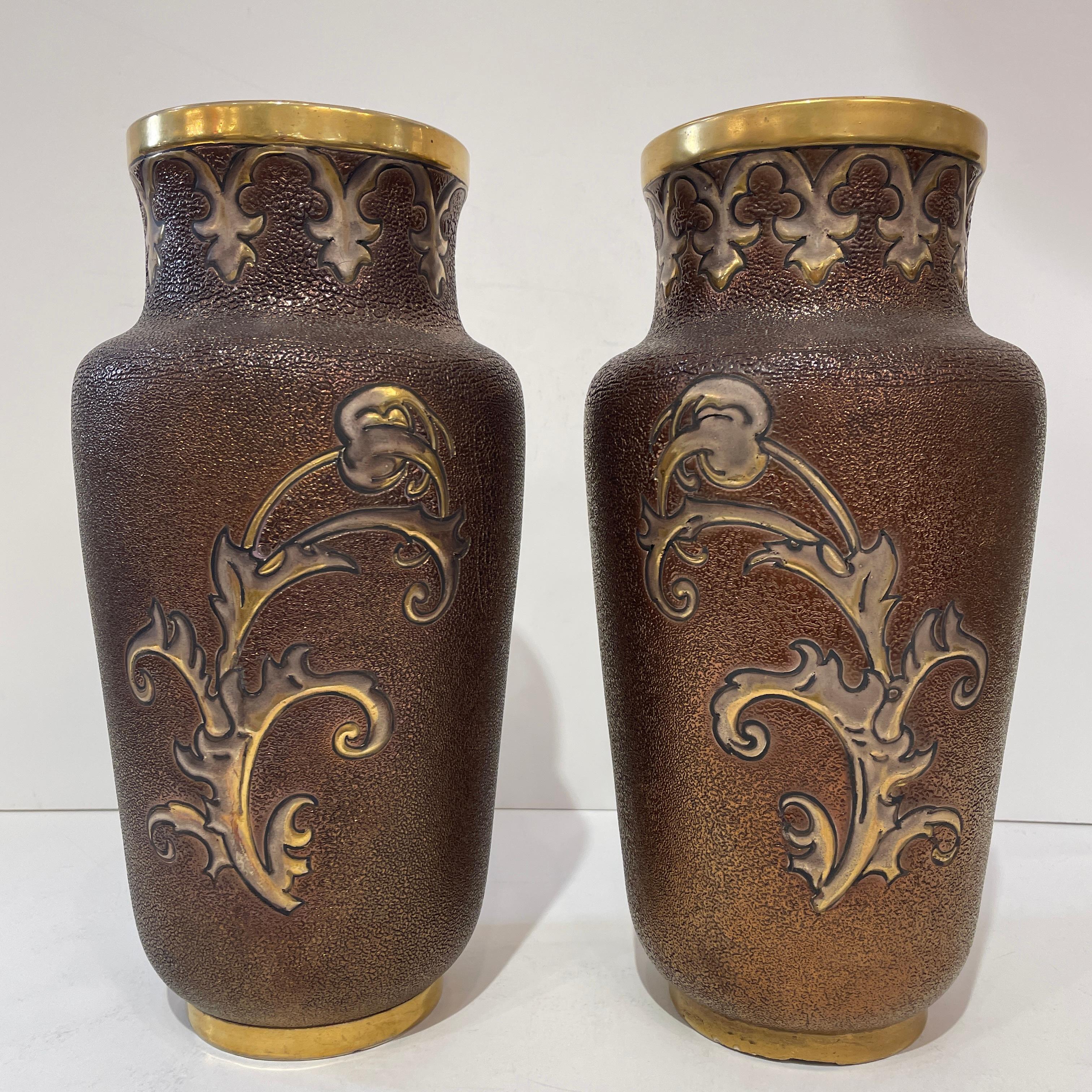 Neoclassical Revival 1880 Gien French Faience Pair Majolica Gold Chocolate Vases with Armored Knights For Sale