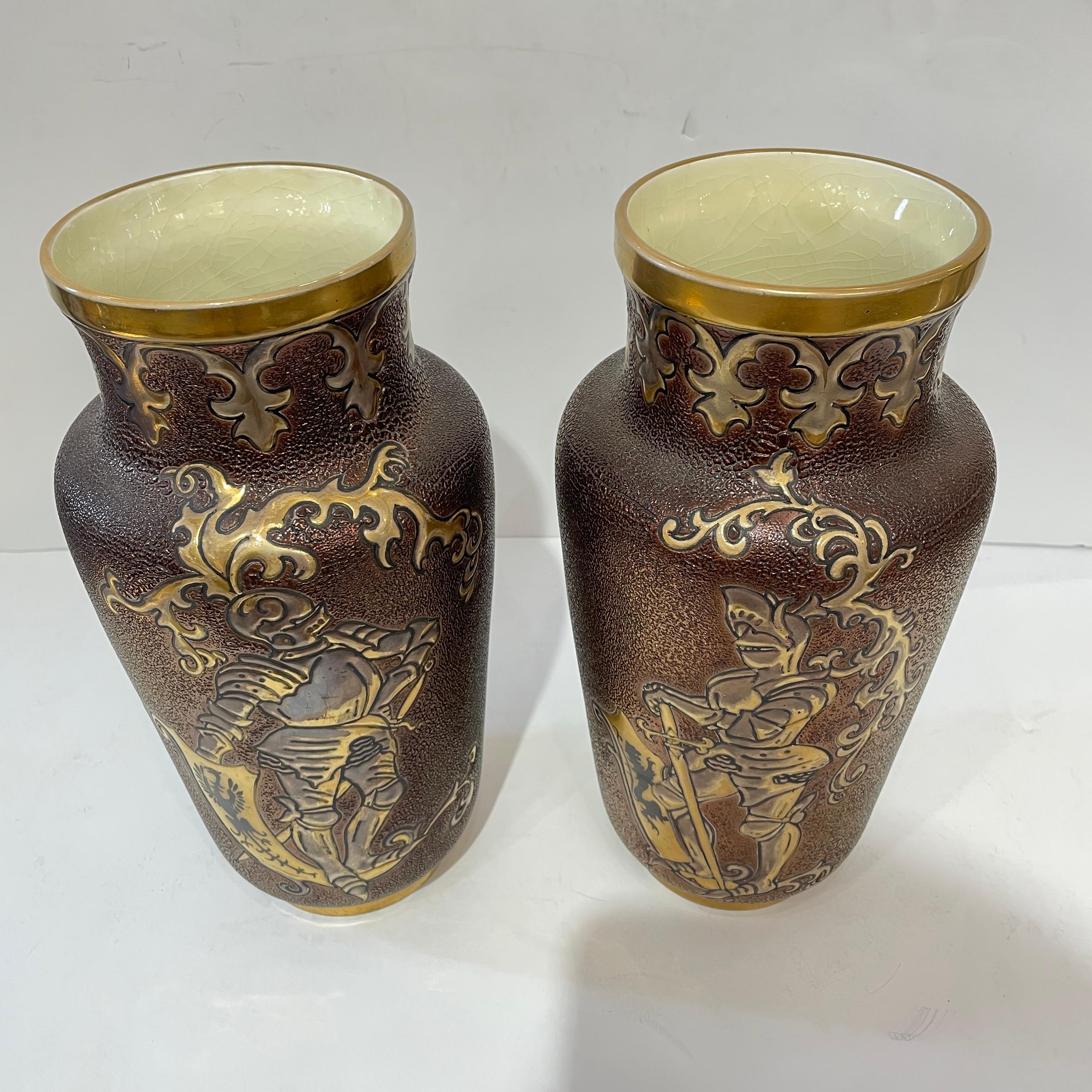 Hand-Crafted 1880 Gien French Faience Pair Majolica Gold Chocolate Vases with Armored Knights For Sale