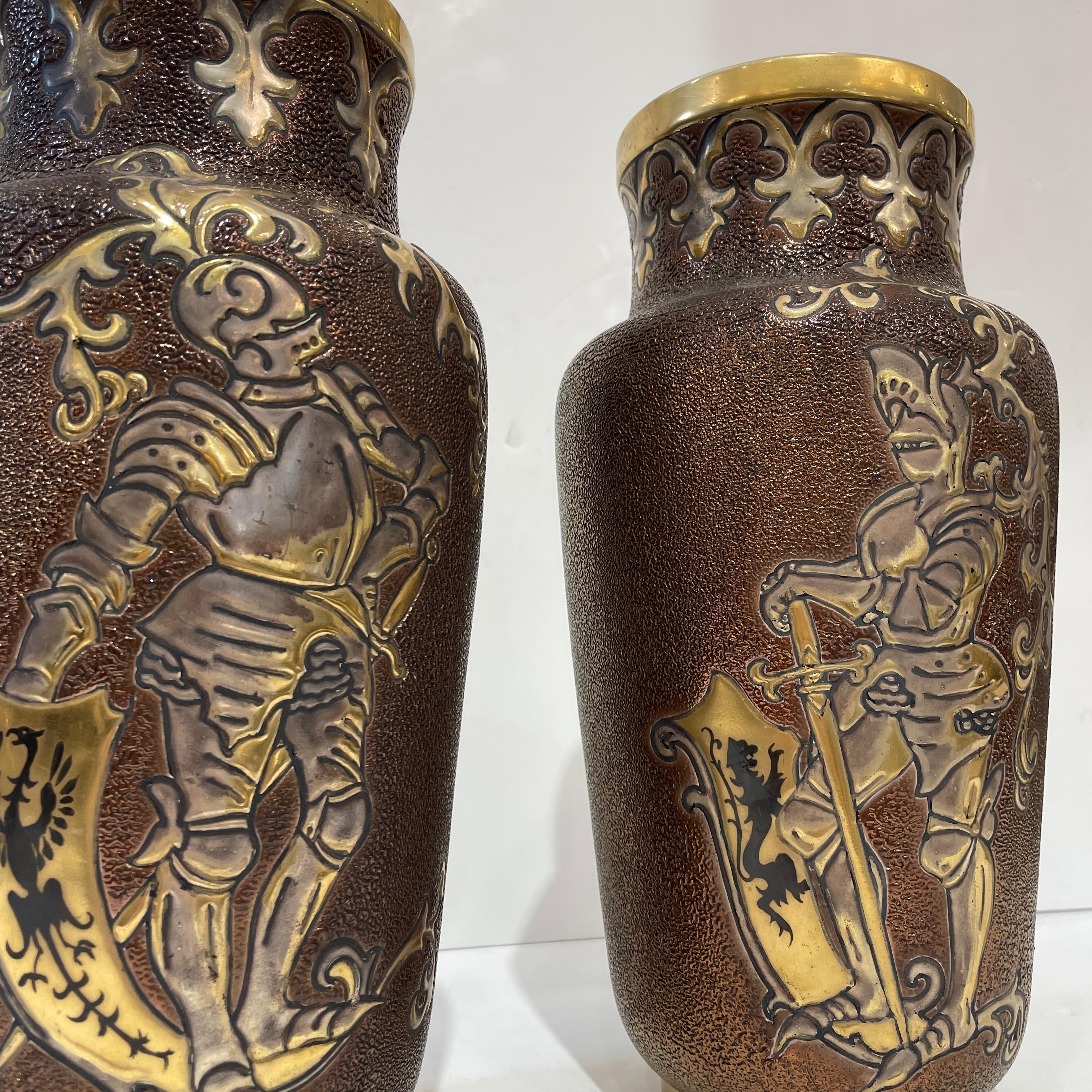 1880 Gien French Faience Pair Majolica Gold Chocolate Vases with Armored Knights For Sale 1