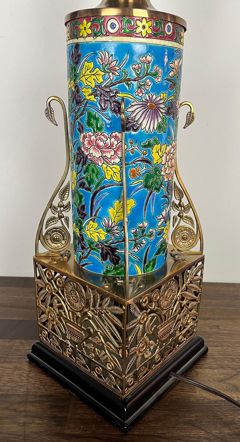 Cloissoné 1880 Longwy Aesthetic Movement, Eastlake Converted Gas Newel Post Table Lamp  For Sale