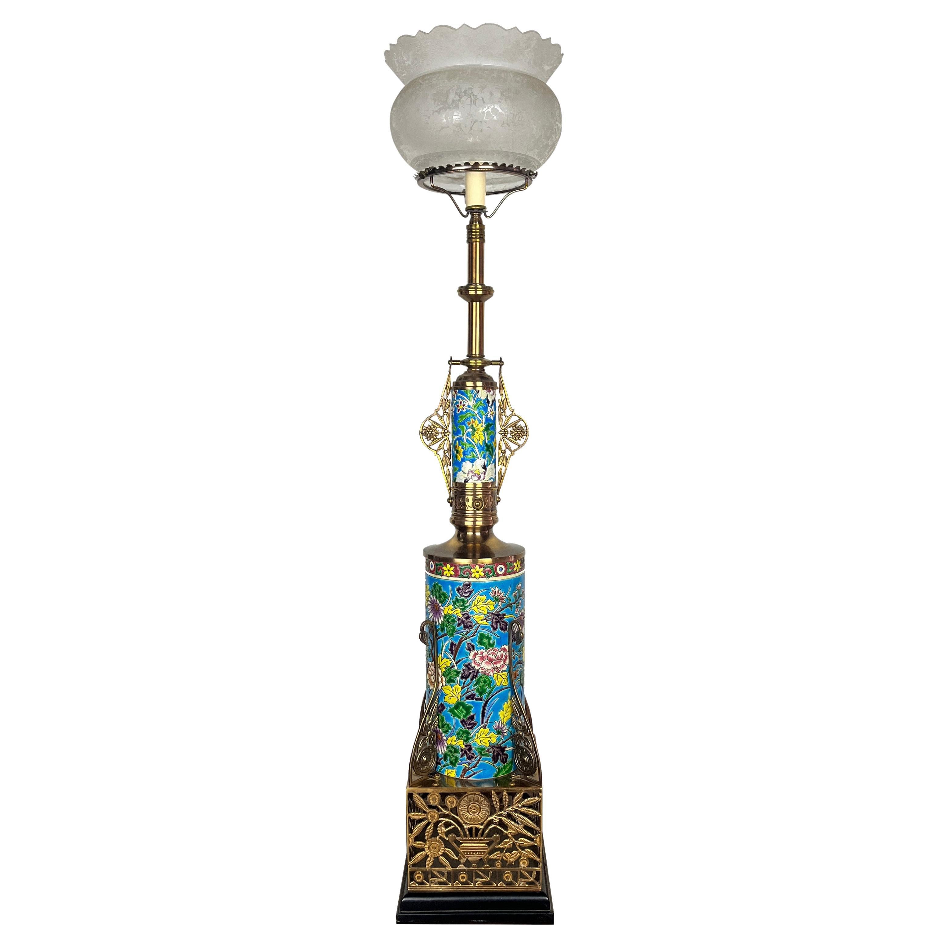 1880 Longwy Aesthetic Movement, Eastlake Converted Gas Newel Post Table Lamp  For Sale