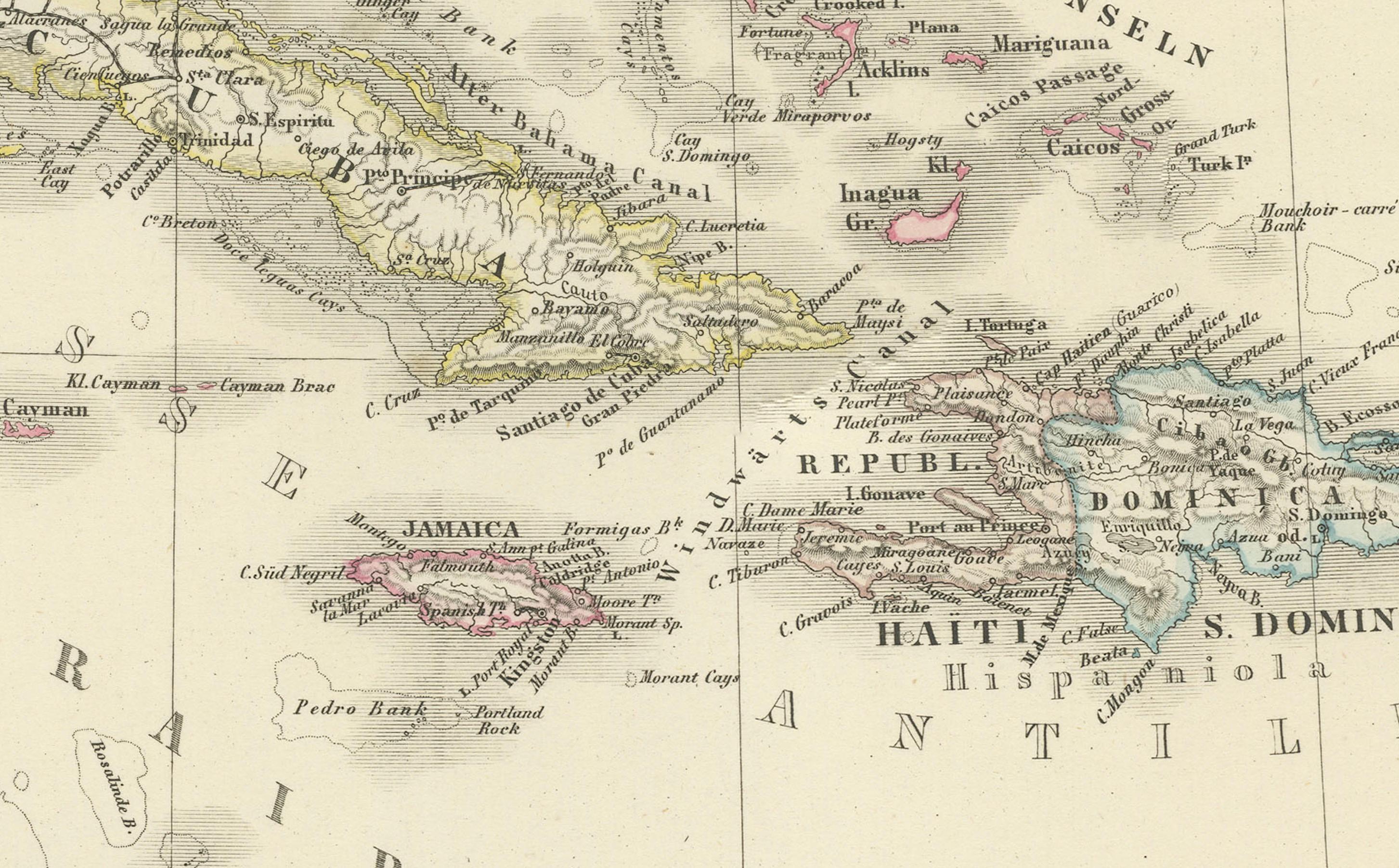 Paper 1880 Map of the Caribbean and Central America by Adolf Stieler For Sale