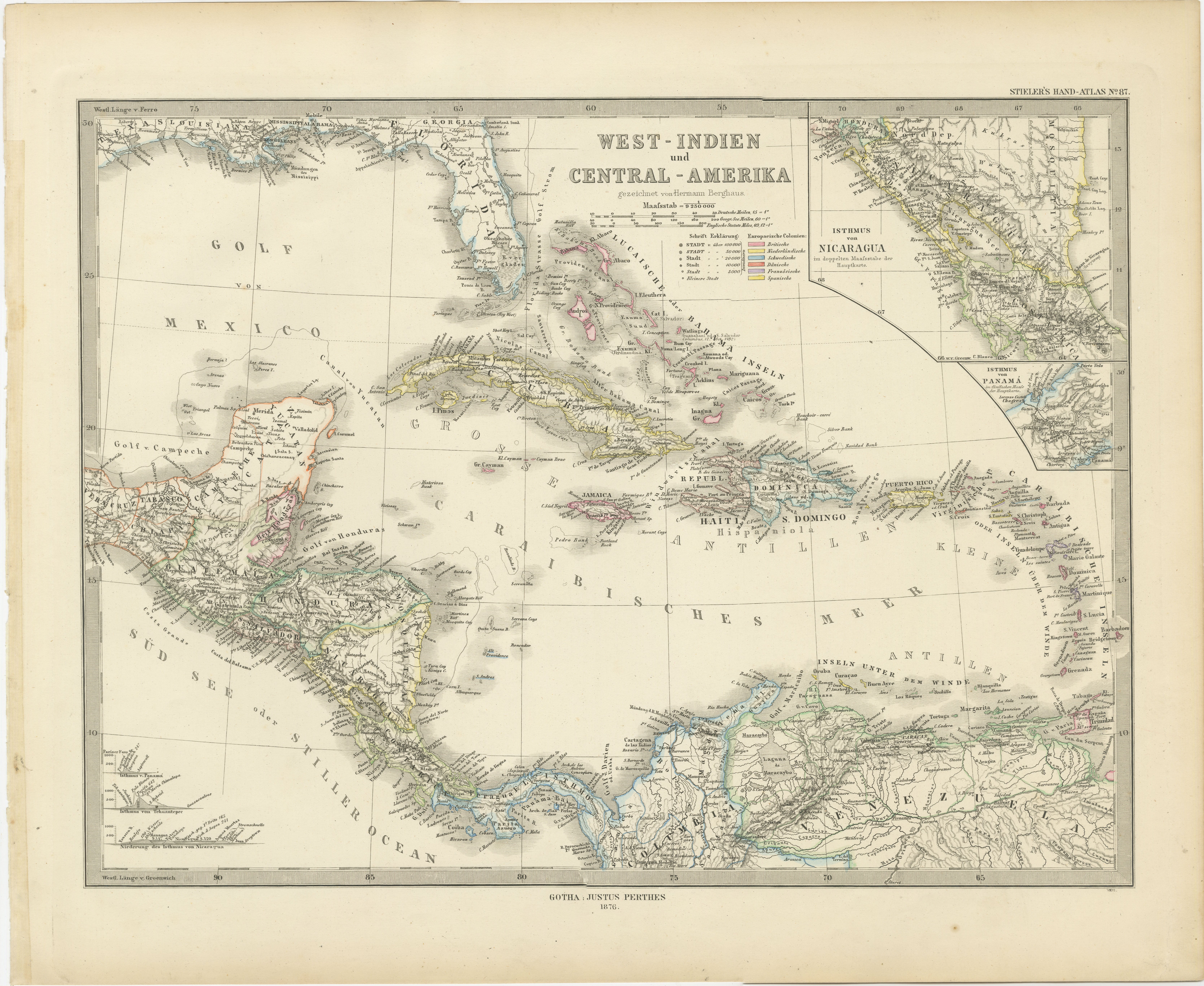 1880 Map of the Caribbean and Central America by Adolf Stieler