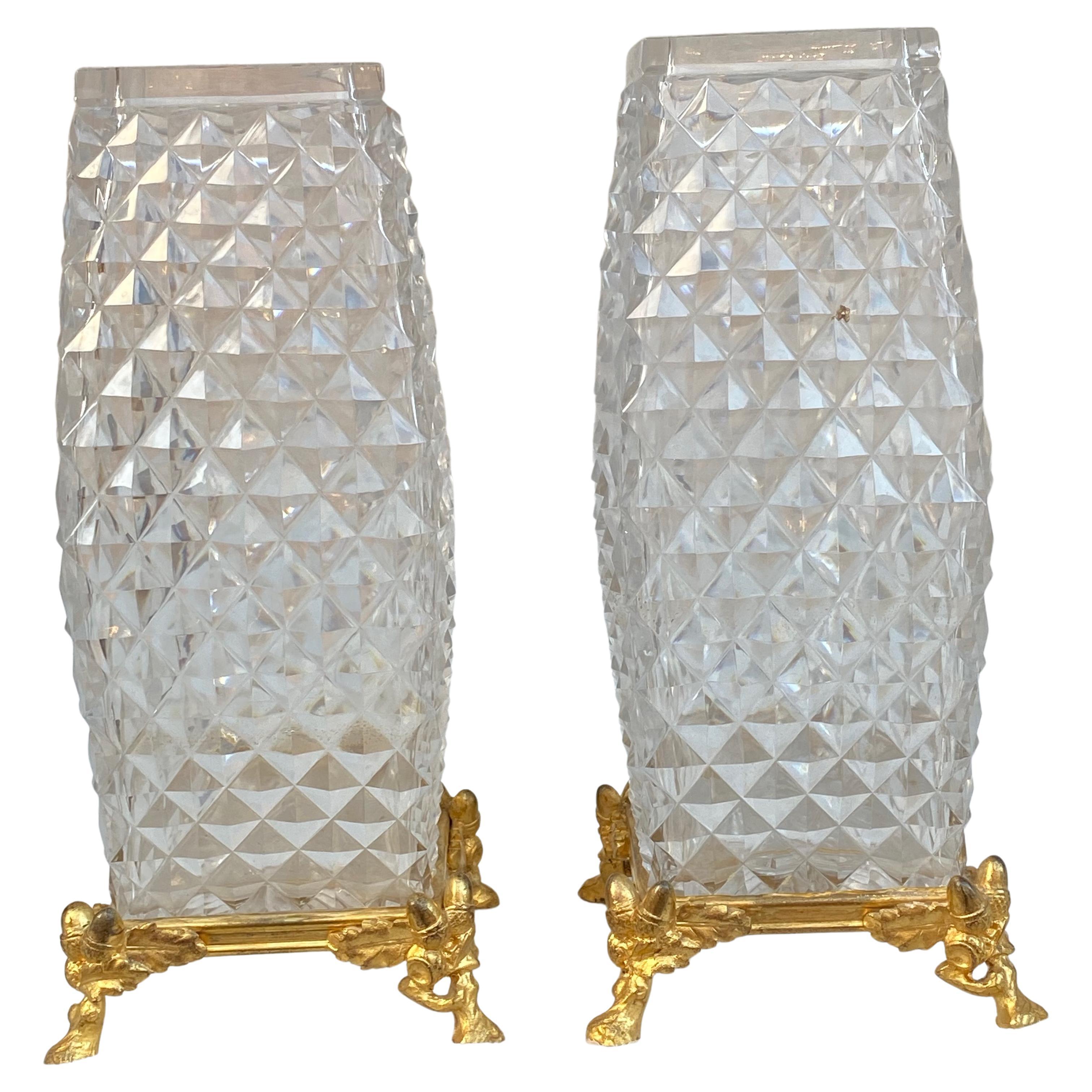 1880 ‘Pair of Baccarat Vases, L’ Escalier De Cristal, Japanese Period Gilt Bronz