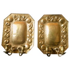 1880 Pair of Dutch Sconces, Repousse Brass Two-Light Wall Blaker