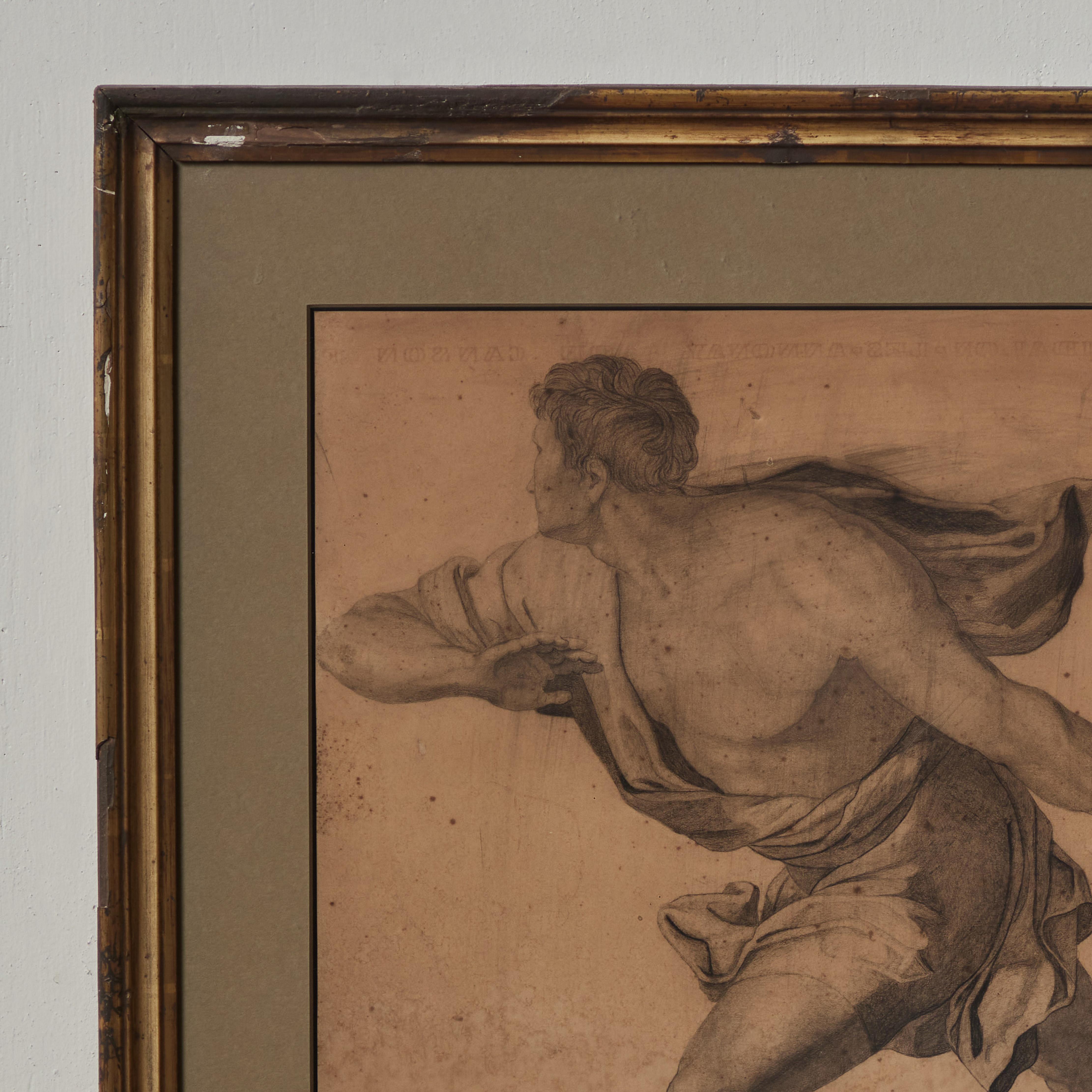 Dibujo a lápiz de gladiador romano por Alphonse Sebe, 1880-81. Montada en un marco dorado biselado con borde de papel de oliva oscuro y una pátina excepcional, la pieza tiene un espíritu enérgico impregnado de mitos clásicos. 

Italia, hacia