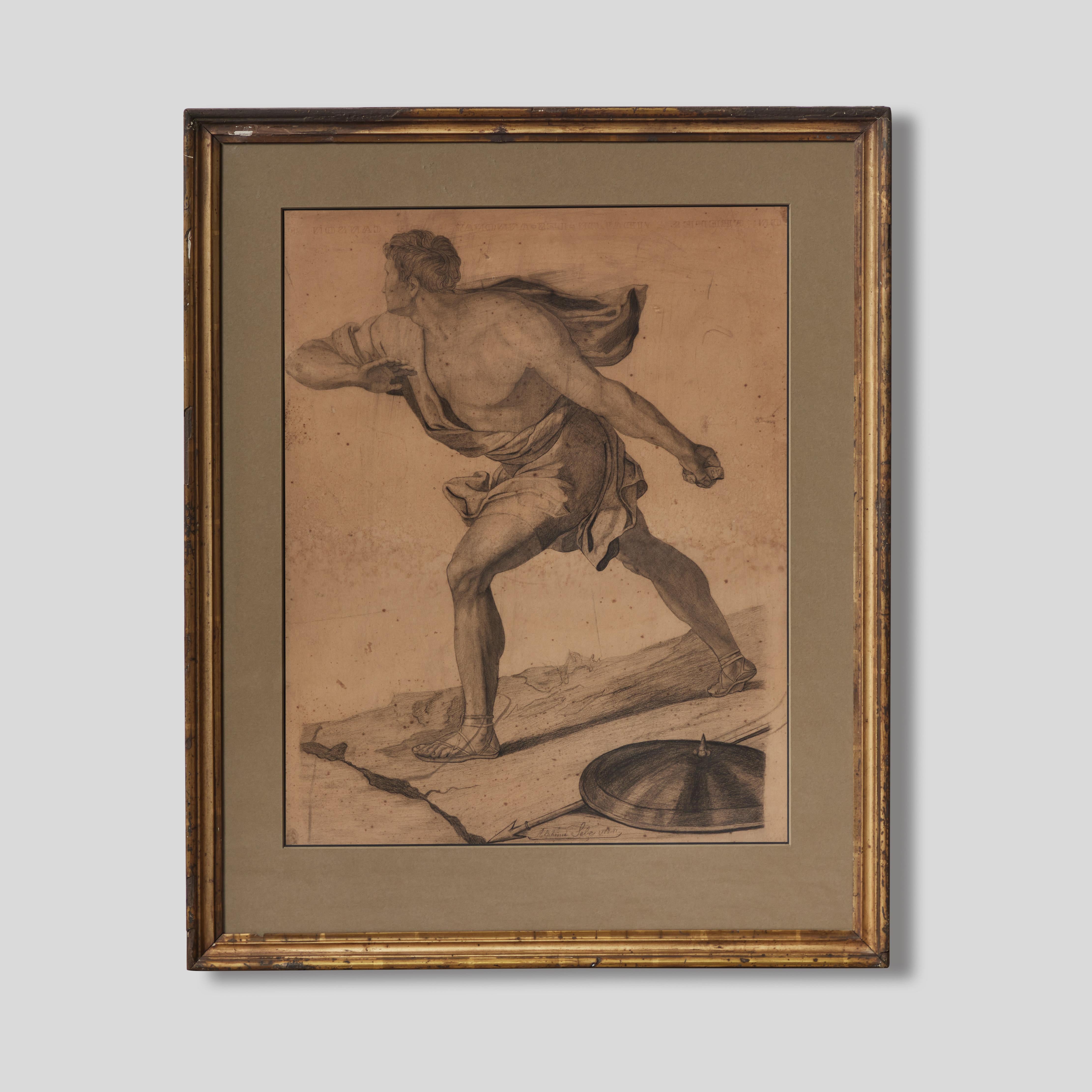 1880 Pencil Drawing of Roman Gladiator In Good Condition In Los Angeles, CA