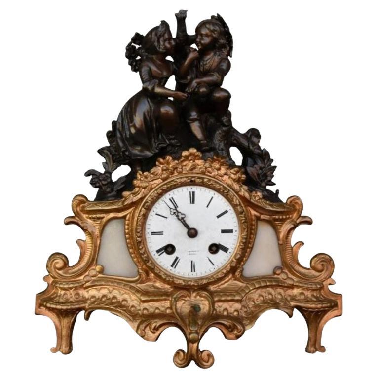 1880, Period Clock with Two Young Lovers in Gilt and White Marble