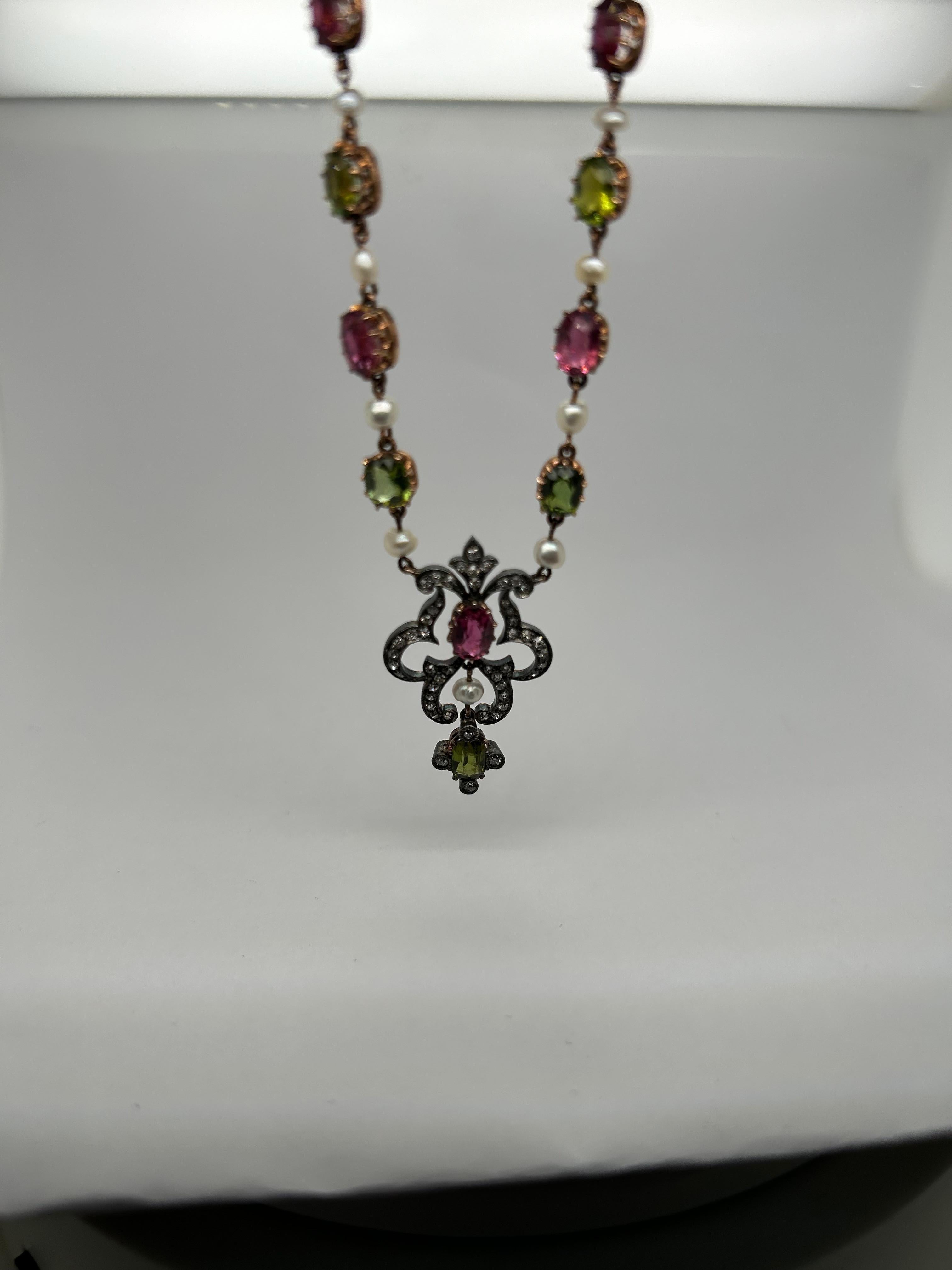 1880 Silver Gold Pink Tourmaline, Peridot Diamond Seed Pearl Necklace In Good Condition For Sale In New York, NY