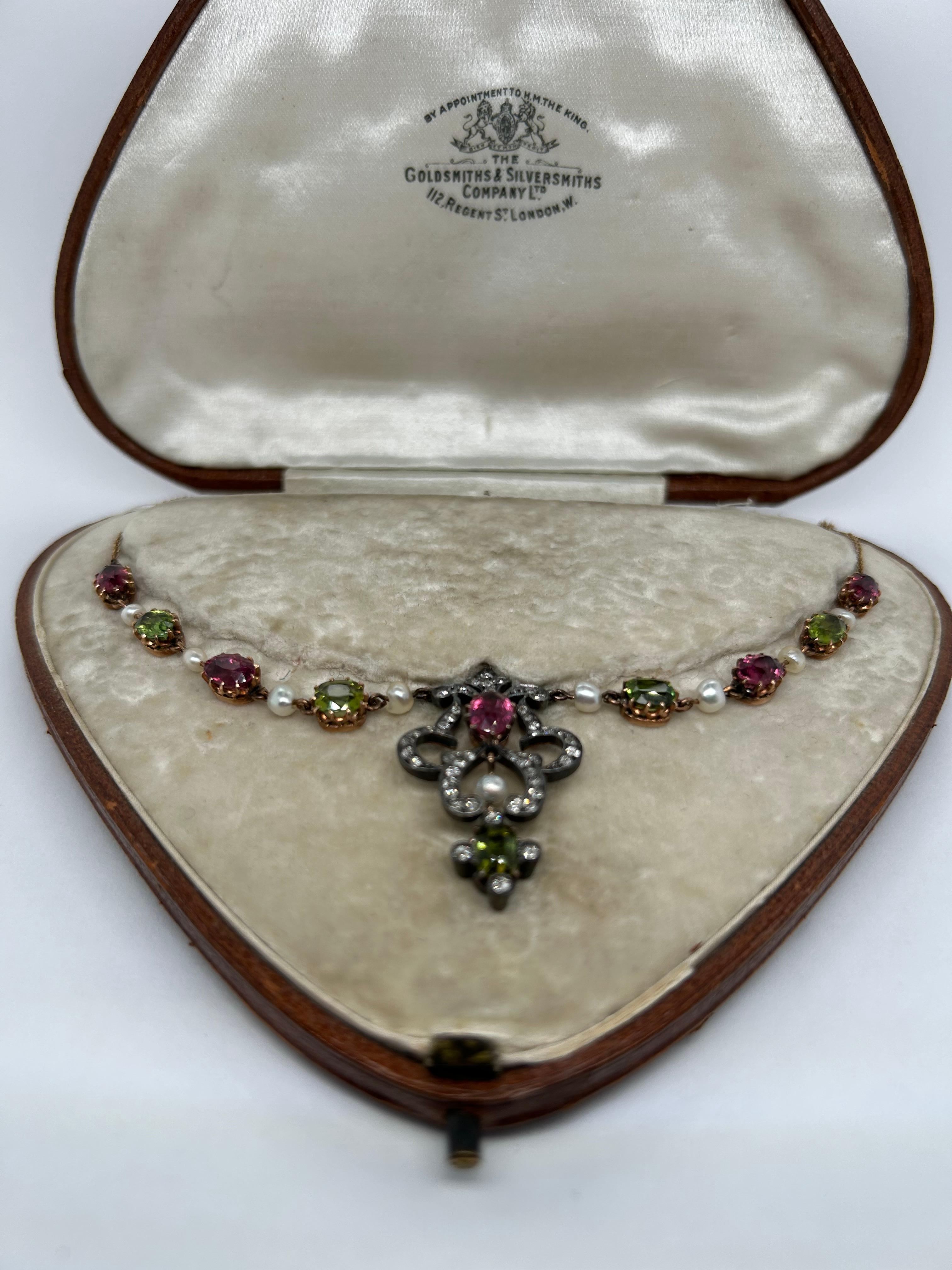 1880 Silver Gold Pink Tourmaline, Peridot Diamond Seed Pearl Necklace For Sale 1