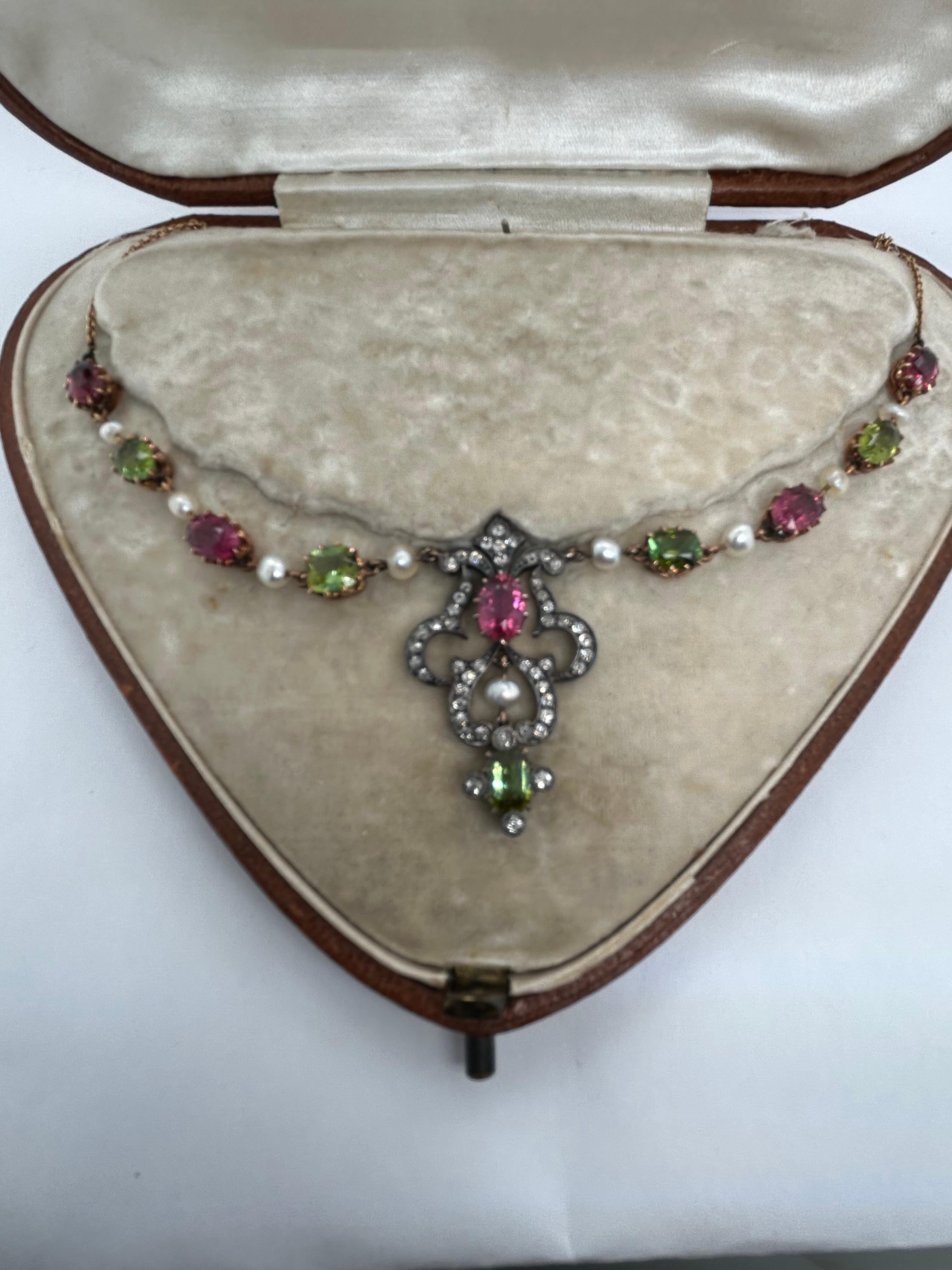 1880 Silver Gold Pink Tourmaline, Peridot Diamond Seed Pearl Necklace For Sale 2