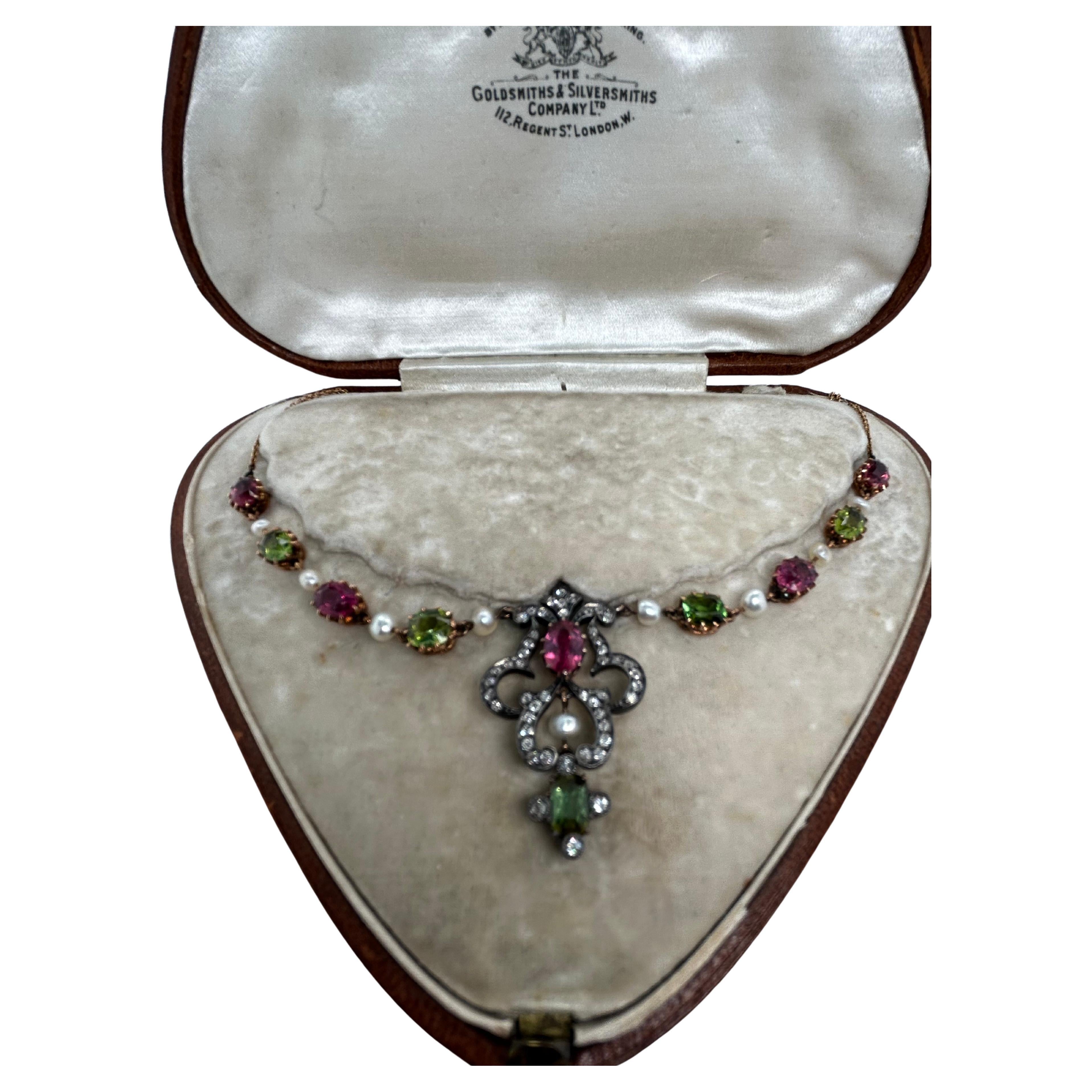 1880 Silber Gold Rosa Turmalin, Peridot Diamant Saatperlenkette im Angebot