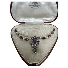 Antique 1880 Silver Gold Pink Tourmaline, Peridot Diamond Seed Pearl Necklace