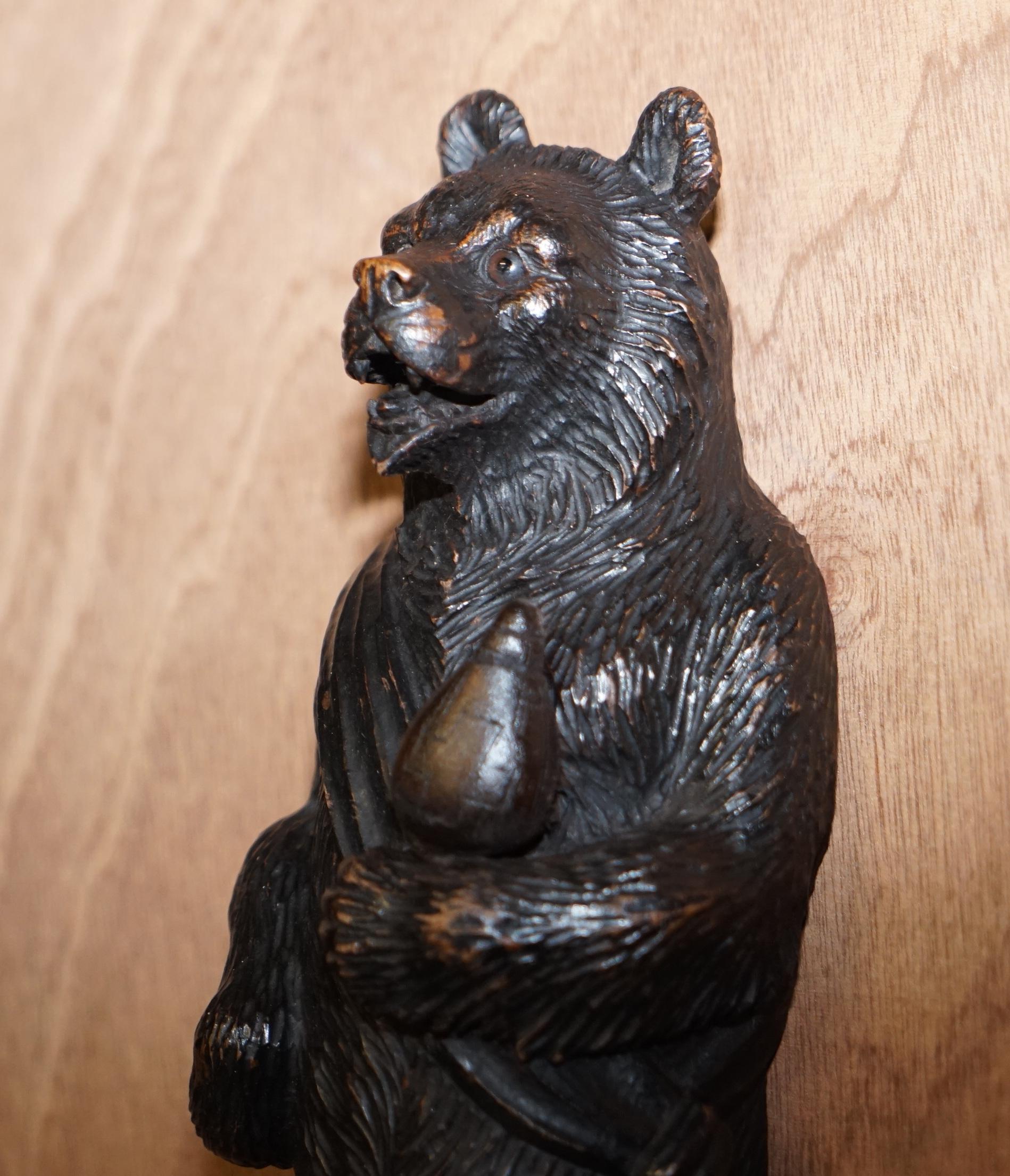 Hand-Carved 1880 Very Rare Medium Swiss Black Forest Bear with Bottle Whip Hook Hand Carved