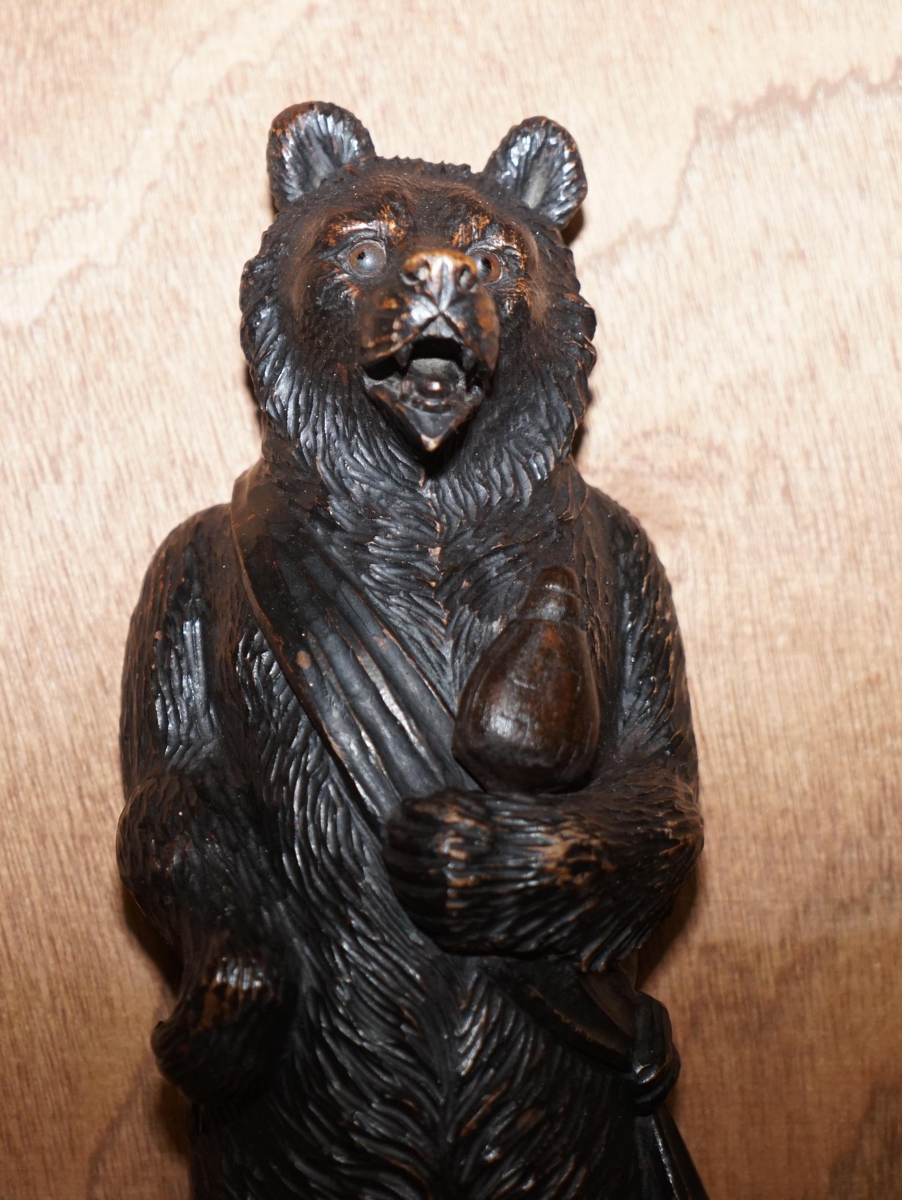 1880 Very Rare Medium Swiss Black Forest Bear with Bottle Whip Hook Hand Carved 3