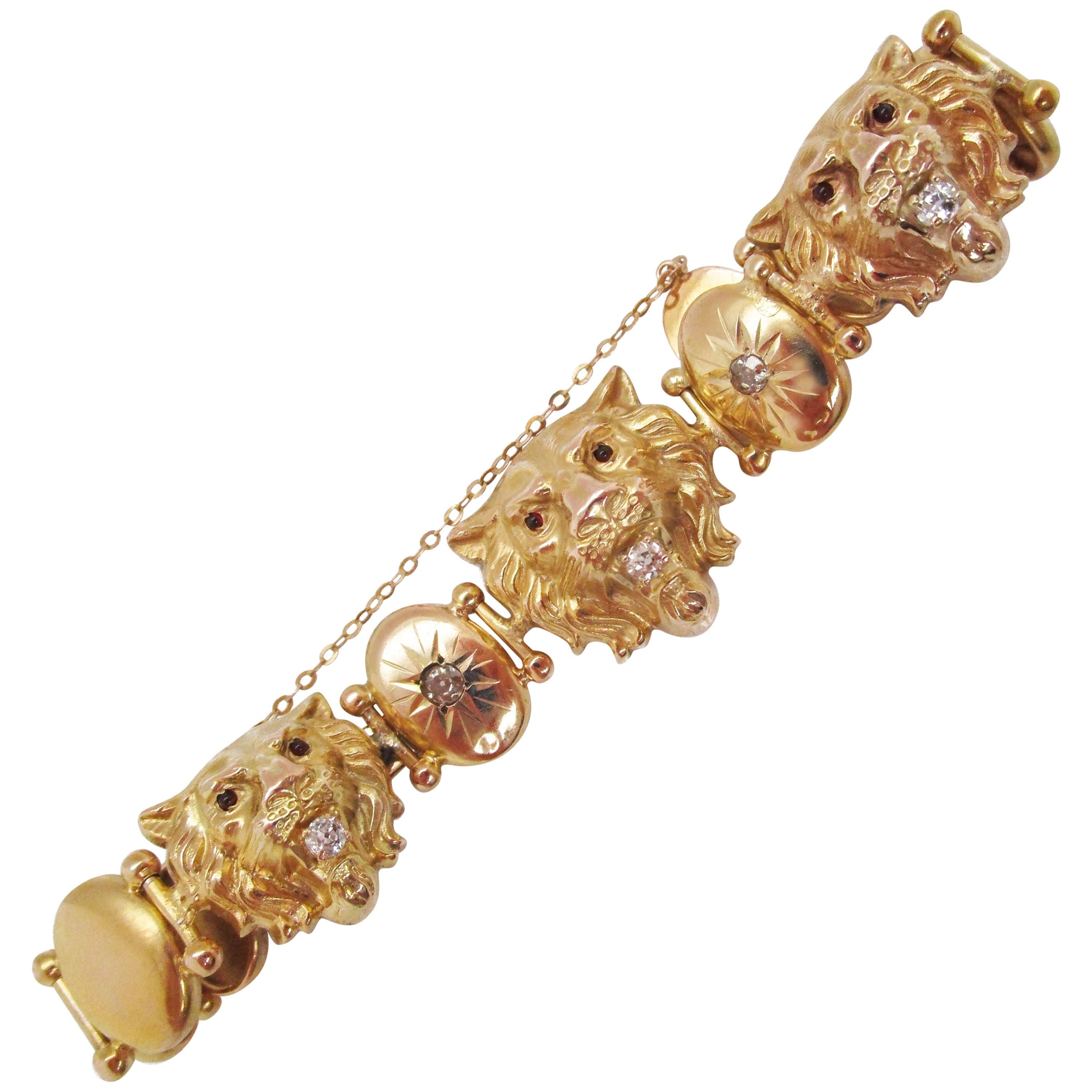 1880 Victorian 14 Karat Yellow Gold Diamond and Red Garnet Lion Bracelet