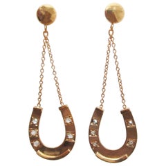 1880 Victorian 14 Karat Yellow Gold Victorian Diamond Horseshoe Dangle Earrings