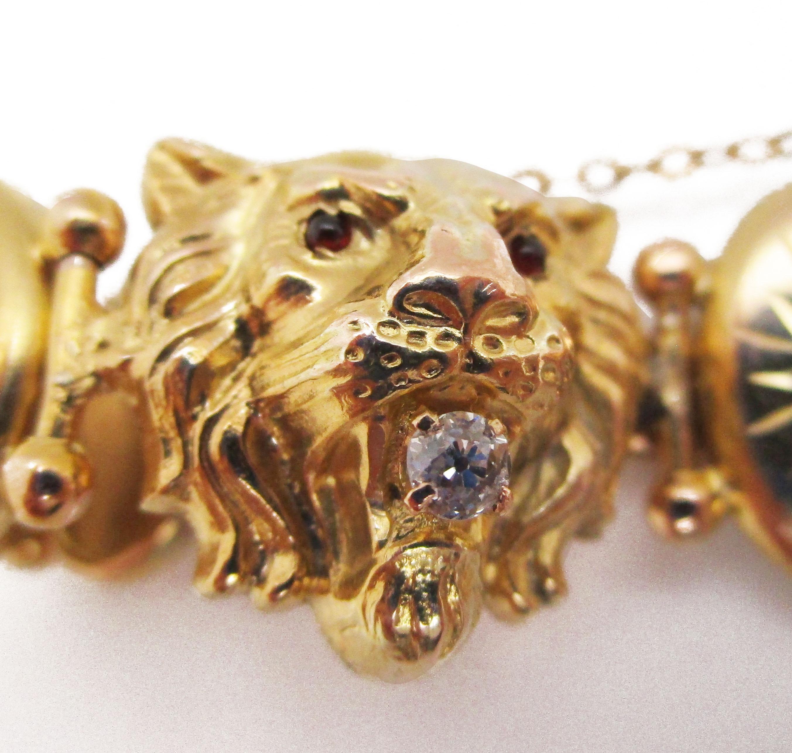 Women's or Men's 1880 Victorian 14 Karat Yellow Gold Diamond and Red Garnet Lion Bracelet