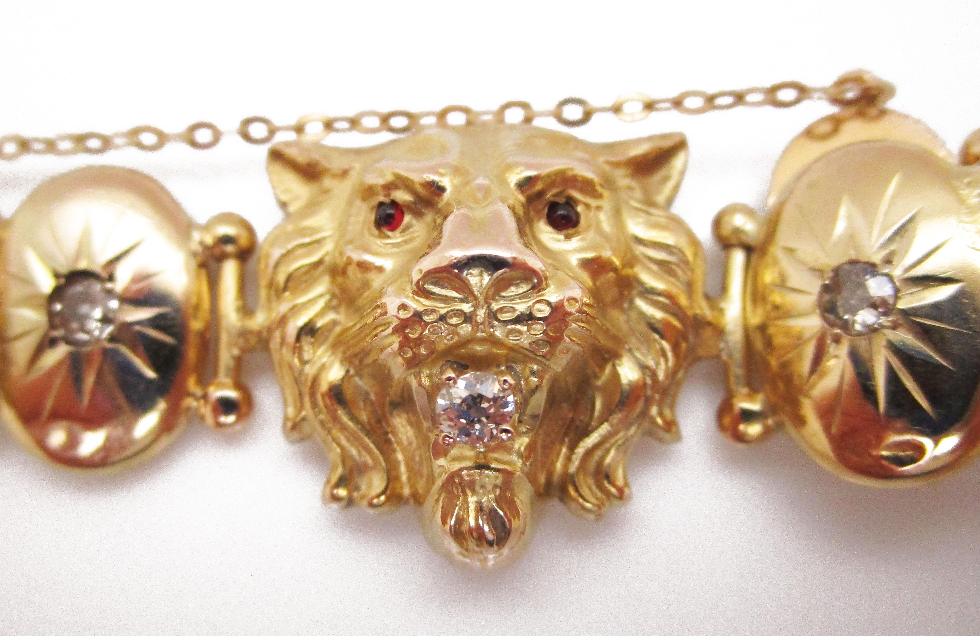 1880 Victorian 14 Karat Yellow Gold Diamond and Red Garnet Lion Bracelet 1