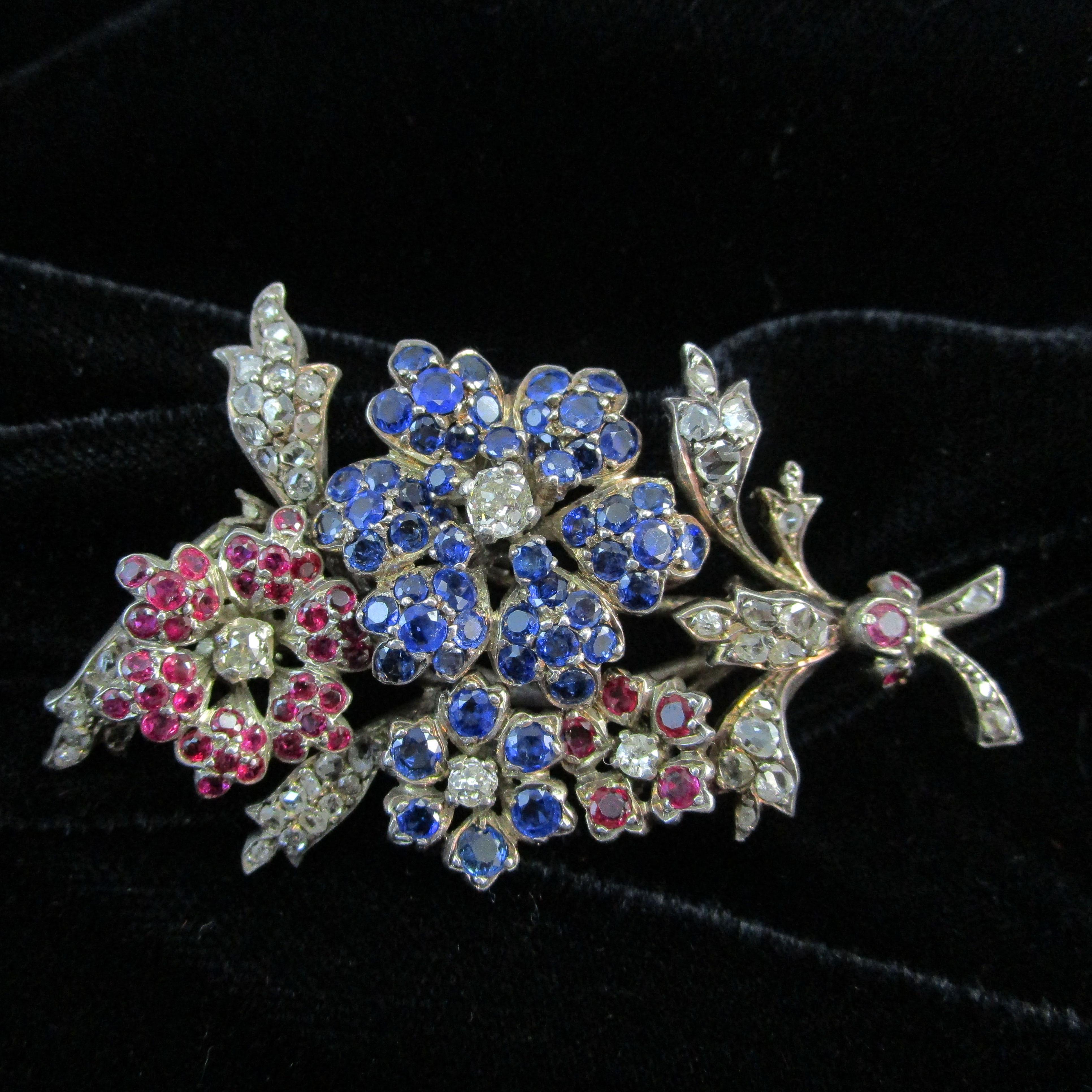 1880 Victorian 14k Yellow Gold over Silver Sapphire Ruby Diamond Floral Brooch For Sale 6