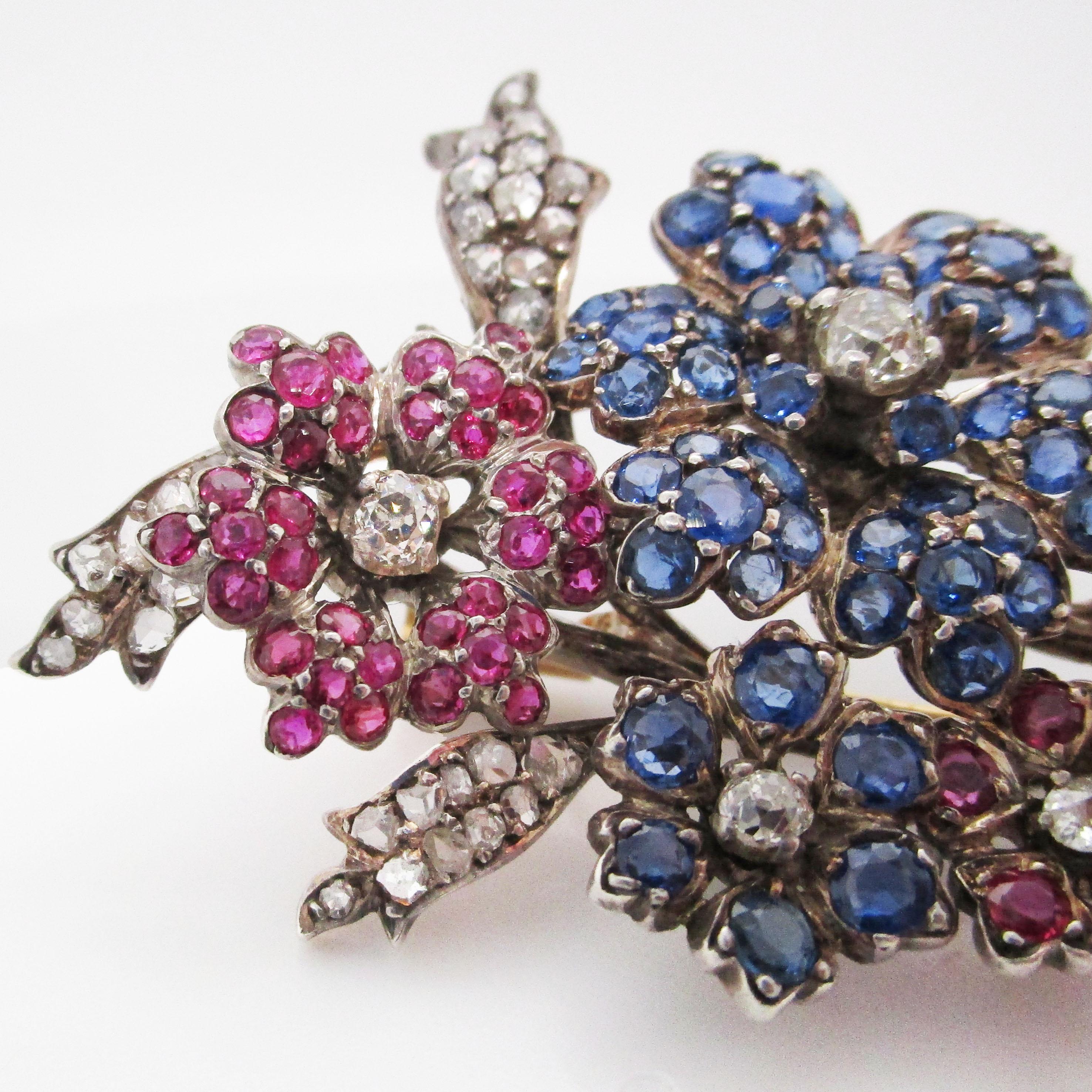 Round Cut 1880 Victorian 14k Yellow Gold over Silver Sapphire Ruby Diamond Floral Brooch For Sale