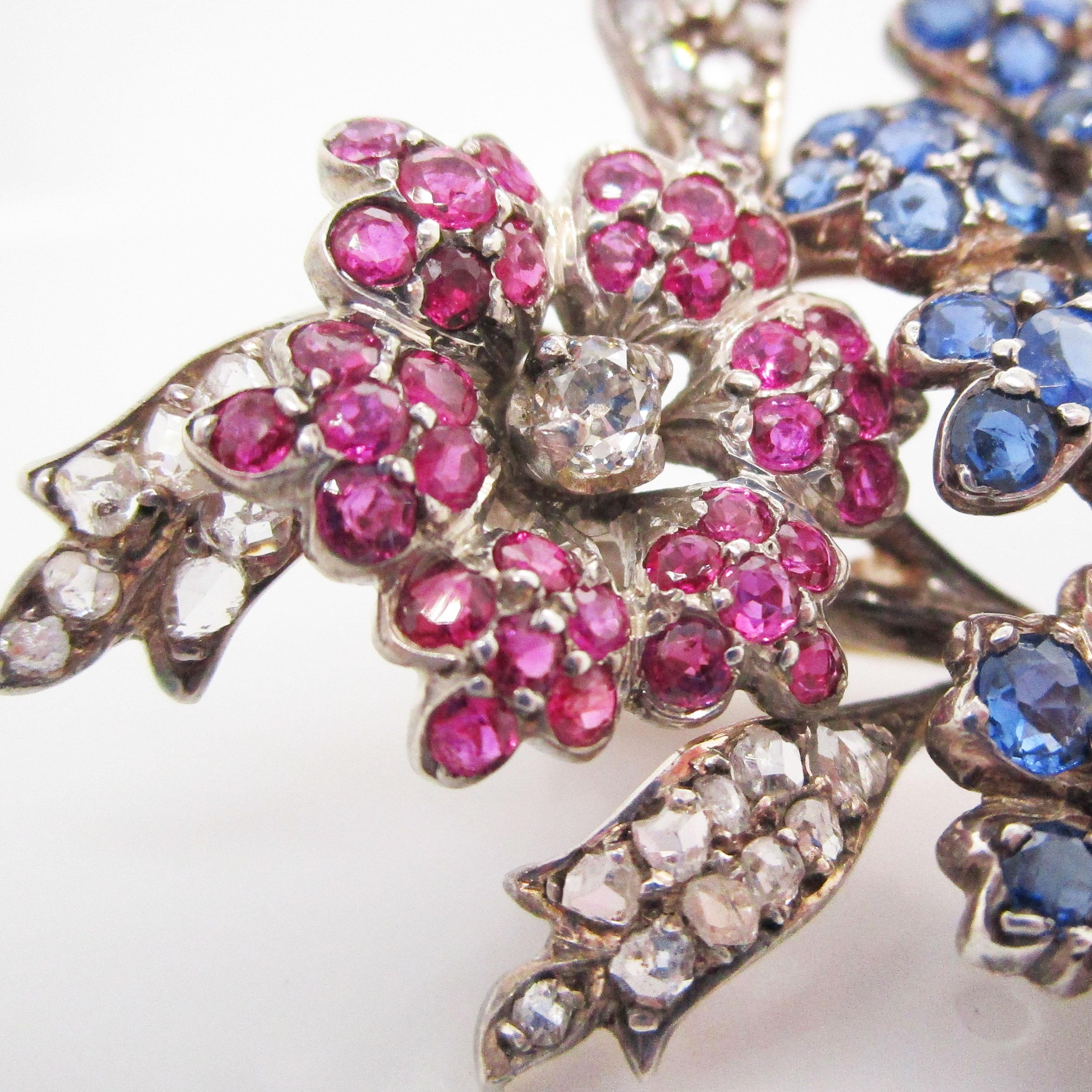 1880 Victorian 14k Yellow Gold over Silver Sapphire Ruby Diamond Floral Brooch In Excellent Condition For Sale In Lexington, KY