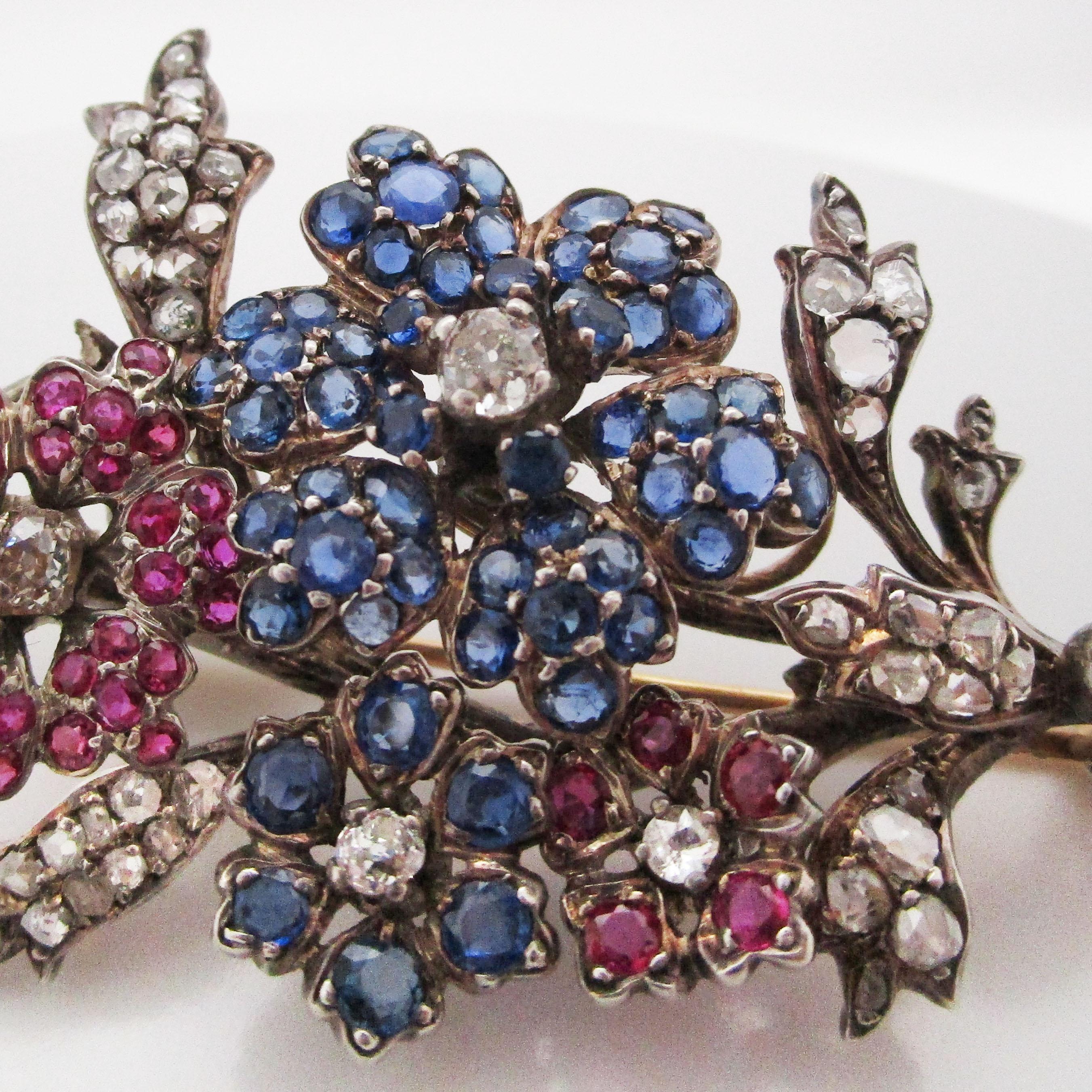Women's 1880 Victorian 14k Yellow Gold over Silver Sapphire Ruby Diamond Floral Brooch For Sale