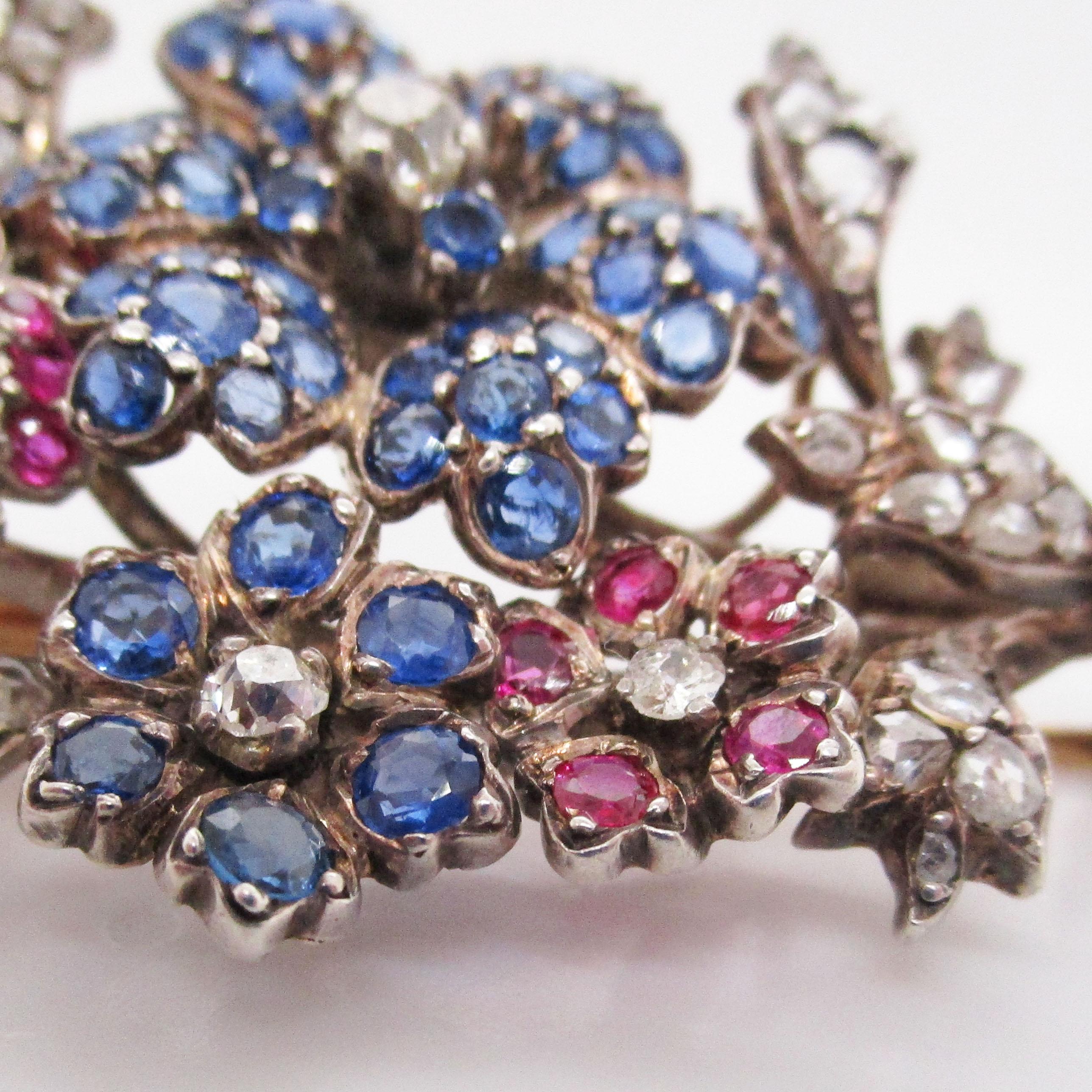 1880 Victorian 14k Yellow Gold over Silver Sapphire Ruby Diamond Floral Brooch For Sale 2