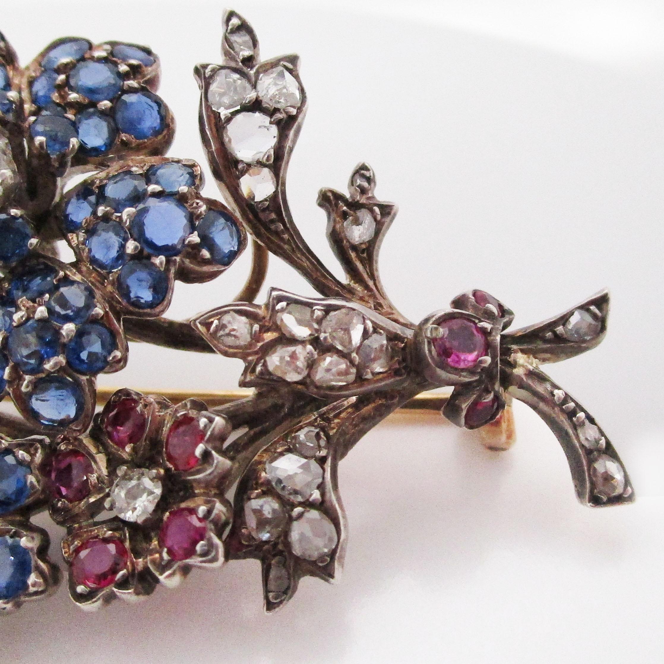 1880 Victorian 14k Yellow Gold over Silver Sapphire Ruby Diamond Floral Brooch For Sale 3