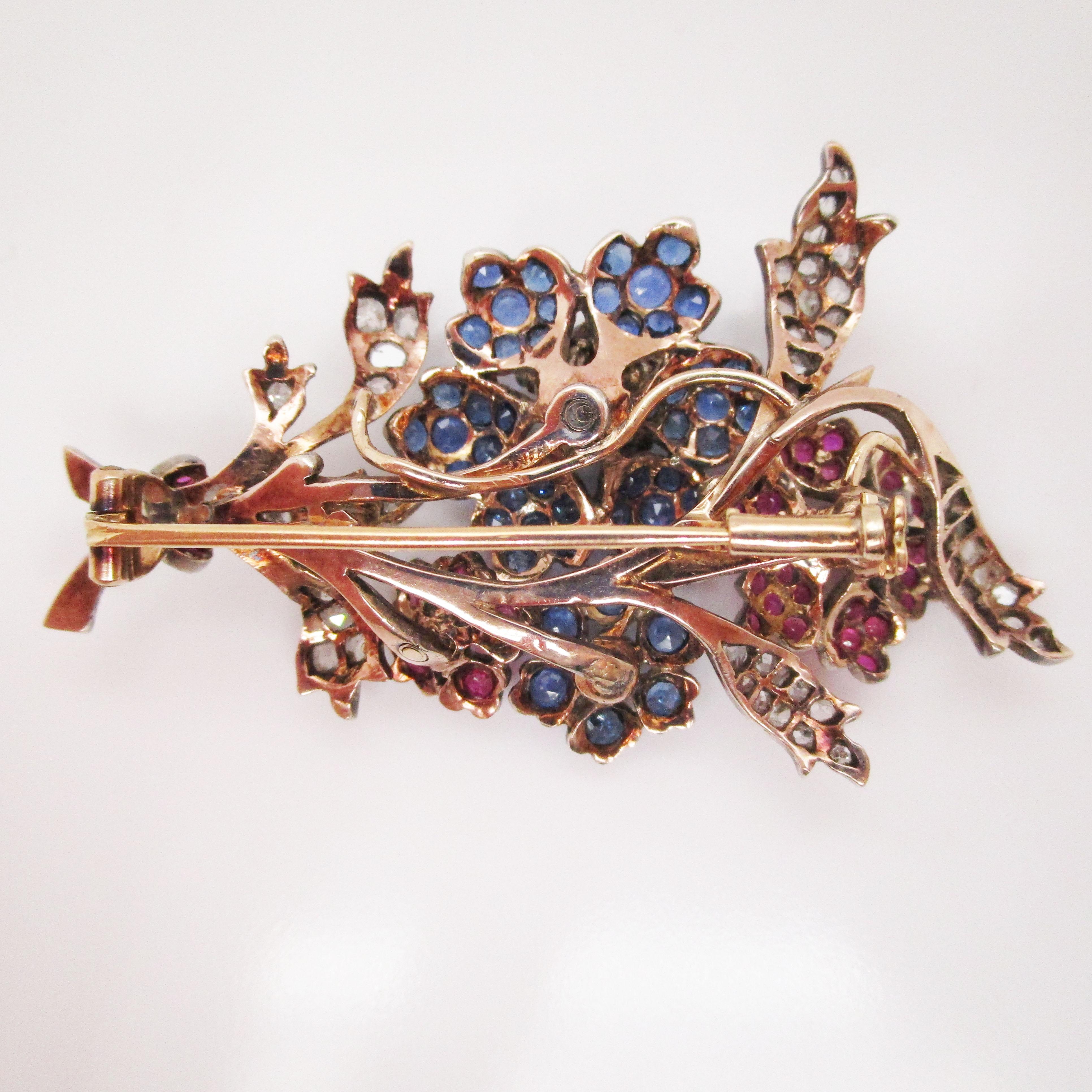 1880 Victorian 14k Yellow Gold over Silver Sapphire Ruby Diamond Floral Brooch For Sale 4