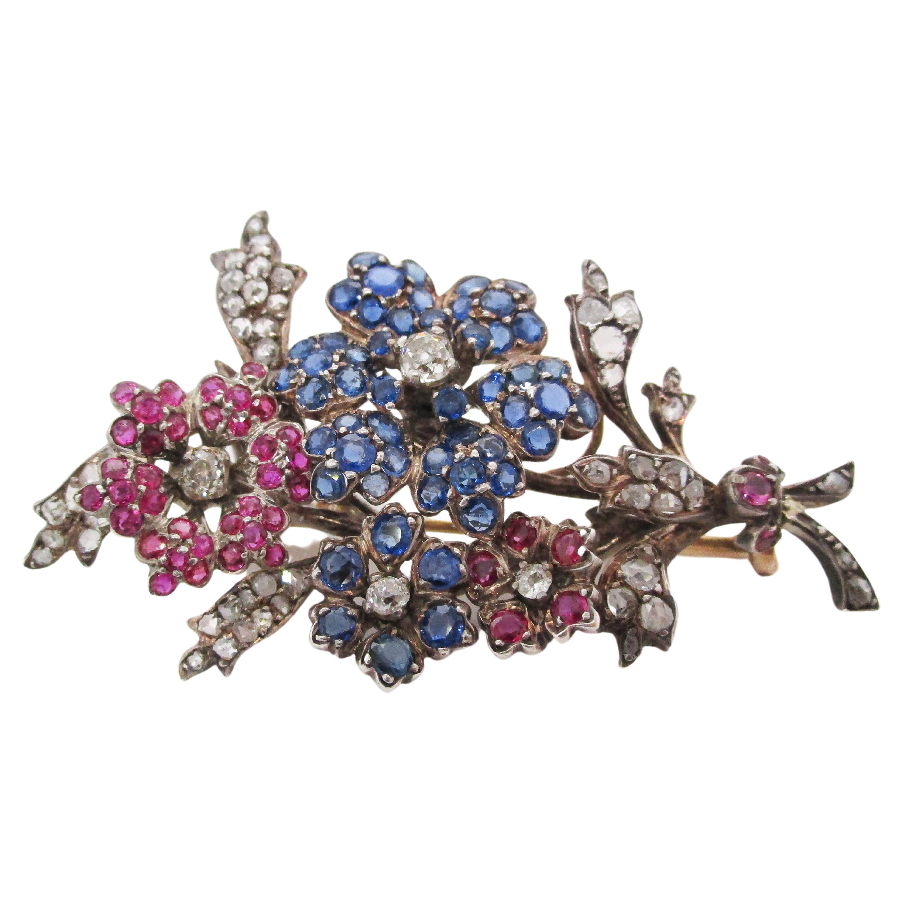 1880 Victorian 14k Yellow Gold over Silver Sapphire Ruby Diamond Floral Brooch