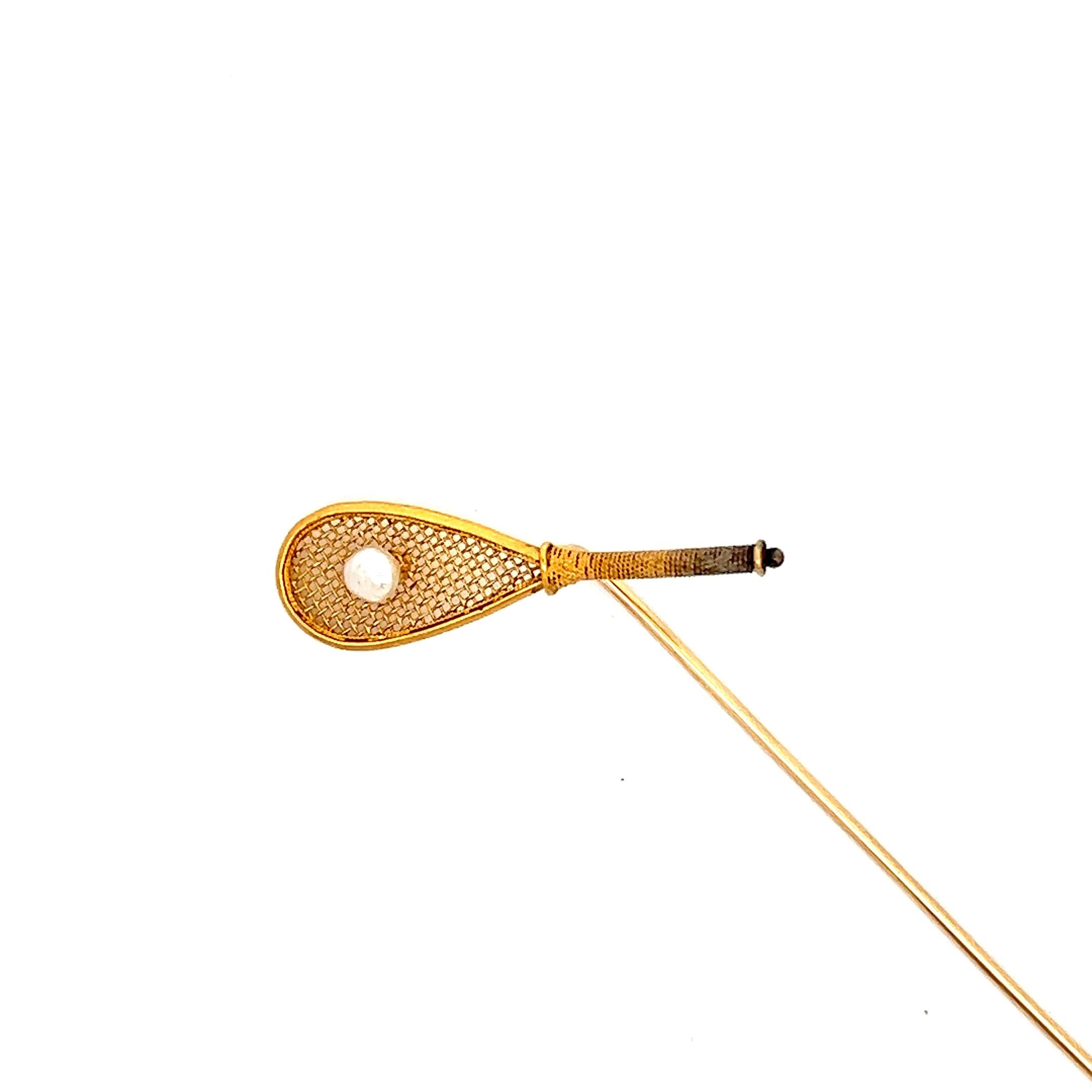 Round Cut 1880 Victorian 18K Yellow Gold Pearl Real Tennis Pin  For Sale
